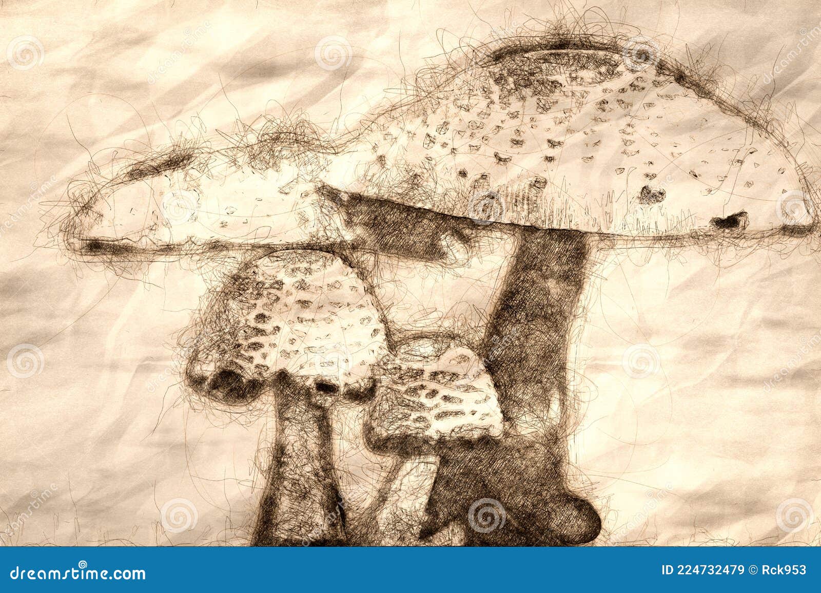 Sketch of a Cluster of Parasol Mushrooms Sprouting Up from the Ground
