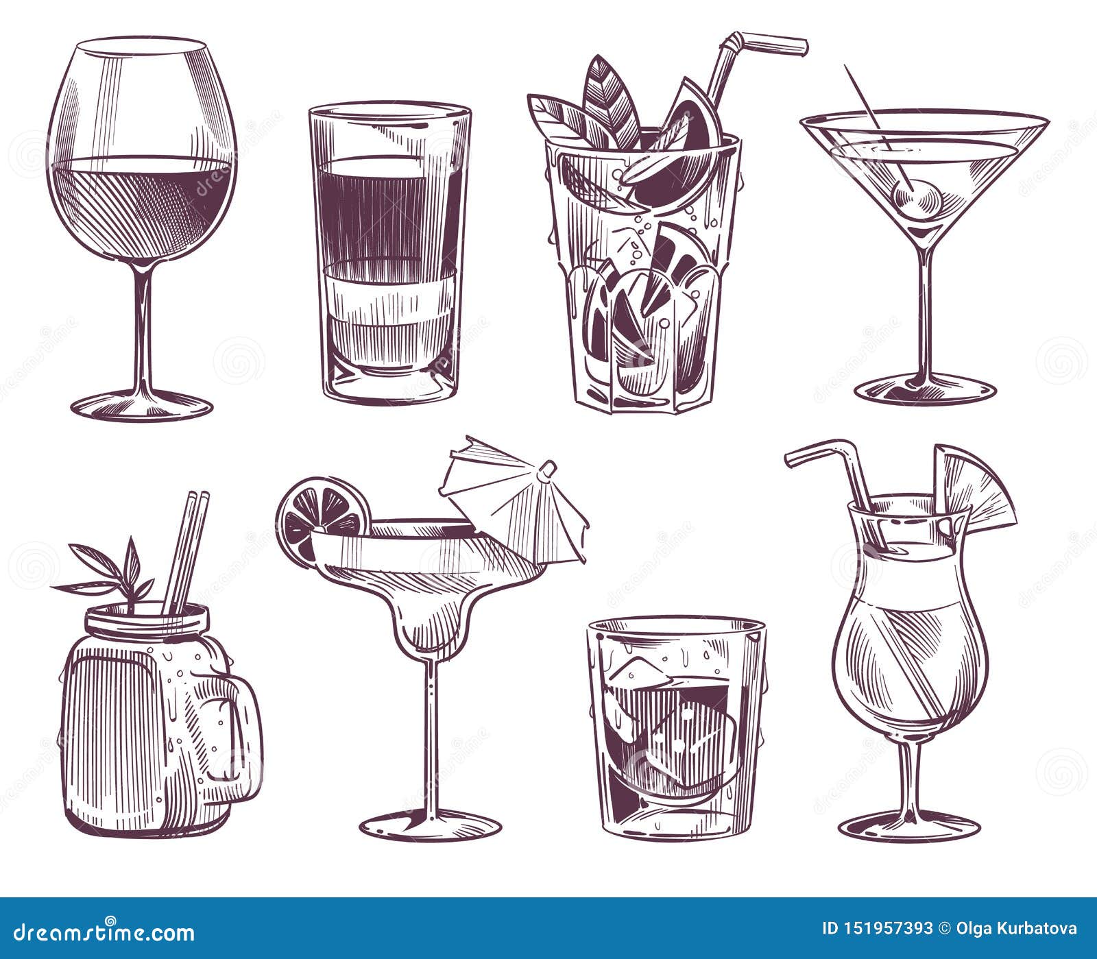 sketch cocktails. hand drawn cocktail and alcohol drink, different drinks in glass for party restaurant menu. 