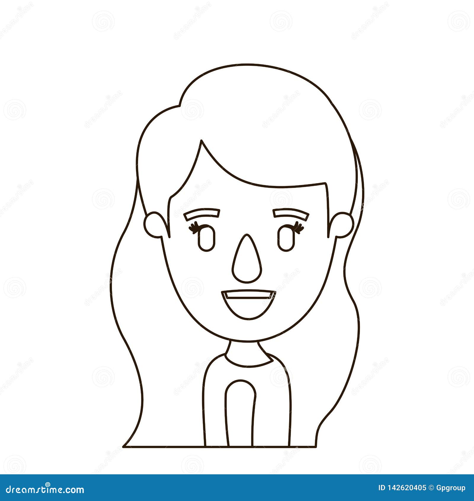Sketch Contour Caricature Side View Half Body Girl with Long Wavy Hair ...