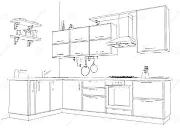 Sketch Contour Drawing of 3d Modern Corner Kitchen Interior Black and ...