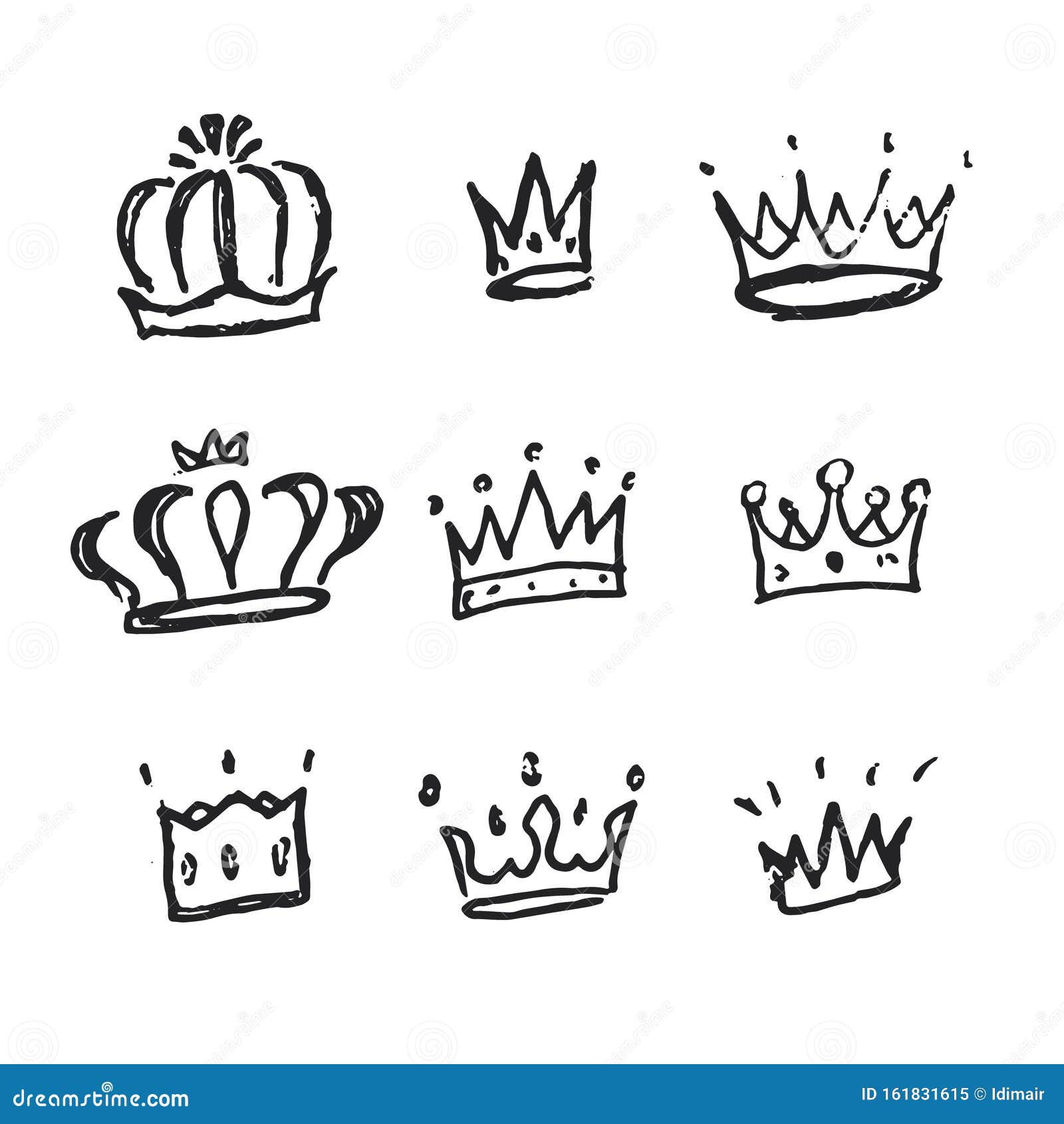 Sketch crowns. Hand drawn king, queen crown and princess tiara