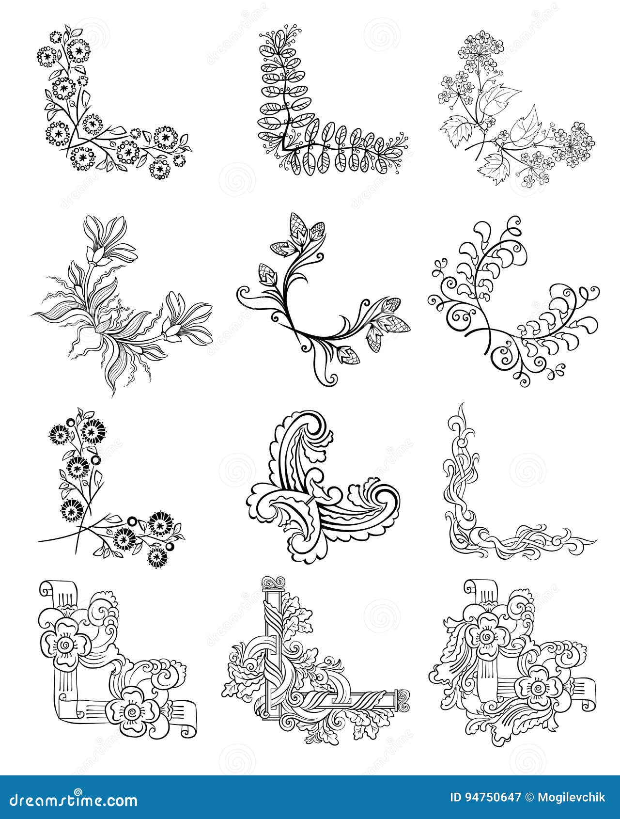 Sketch Decorative Floral Corner Borders Collection Stock Vector ...