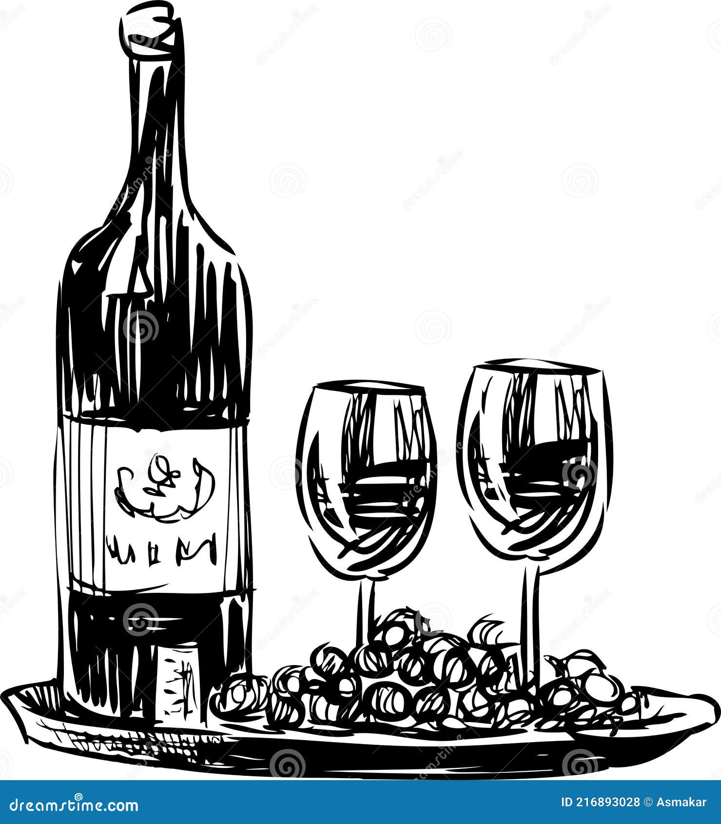 Set da vino, foglie di vite, uva, apribottiglie, vino in bottiglia,  bicchieri da vino disegnati a mano con guazzo e acquerello. stile del  modulo