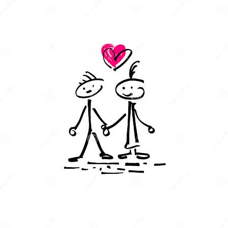 Sketch Doodle Human Stick Figure Couple in Love with a Heart Stock ...