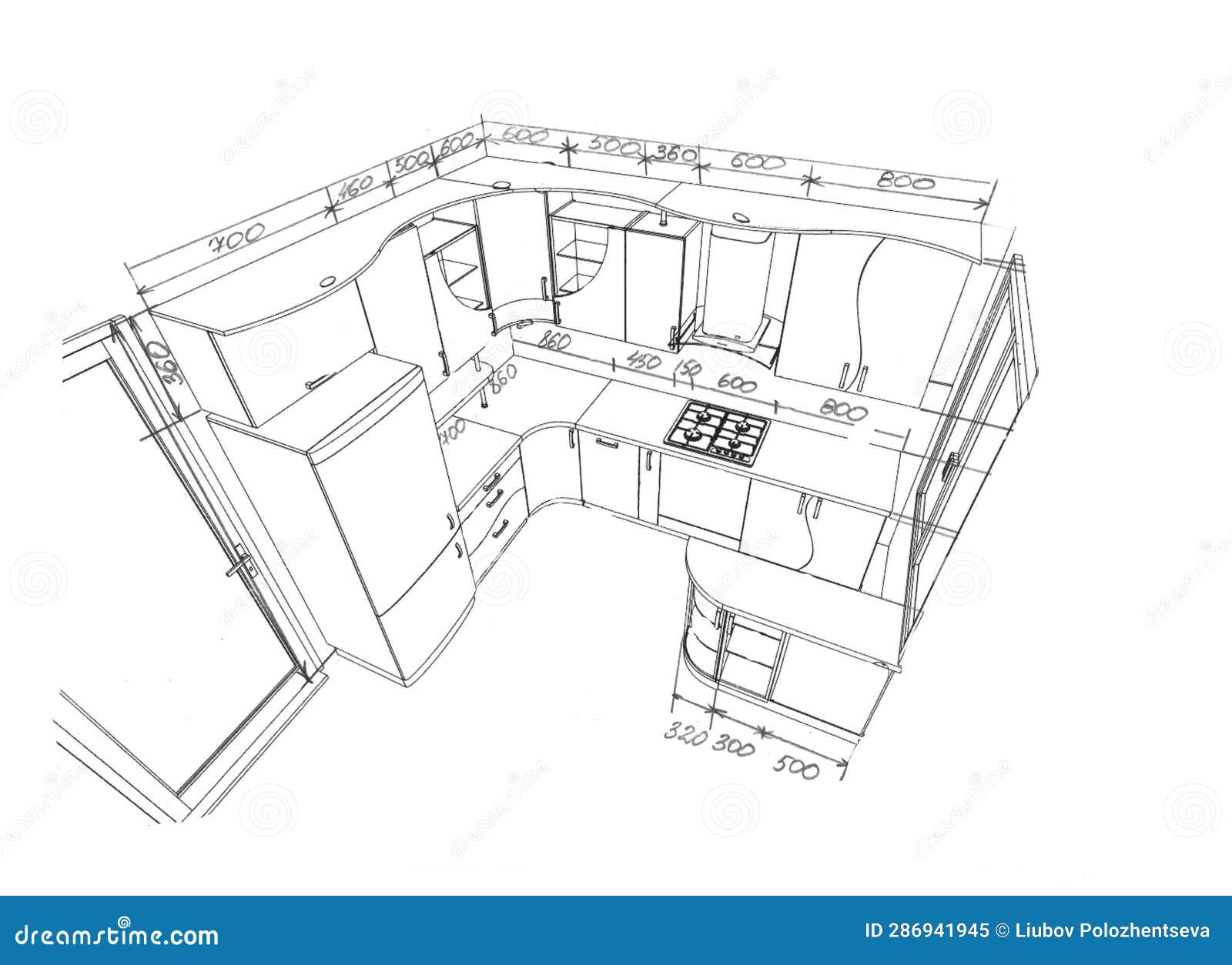 Sketch, Drawing of Furniture for the Kitchen with Dimensions Stock ...