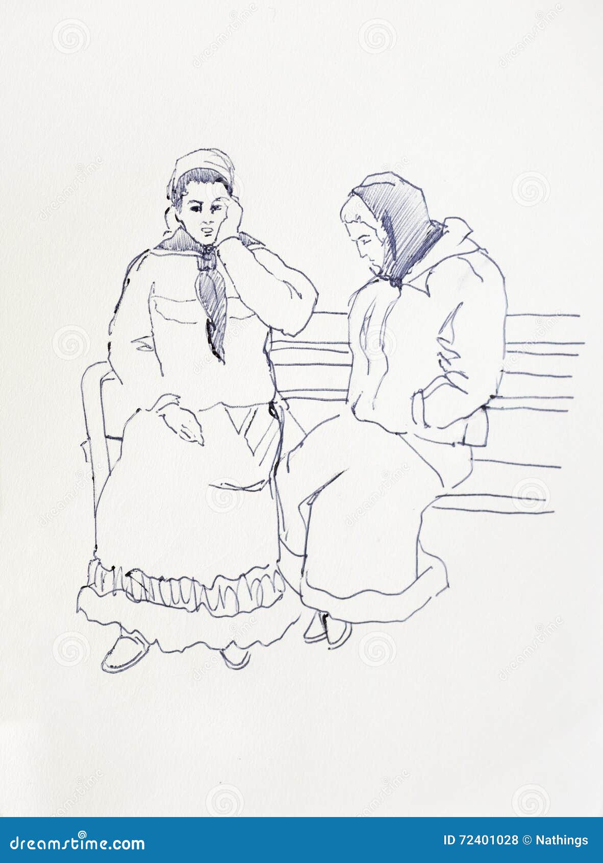 sketch drawing of two romani women sitting on the bench, gypsy g