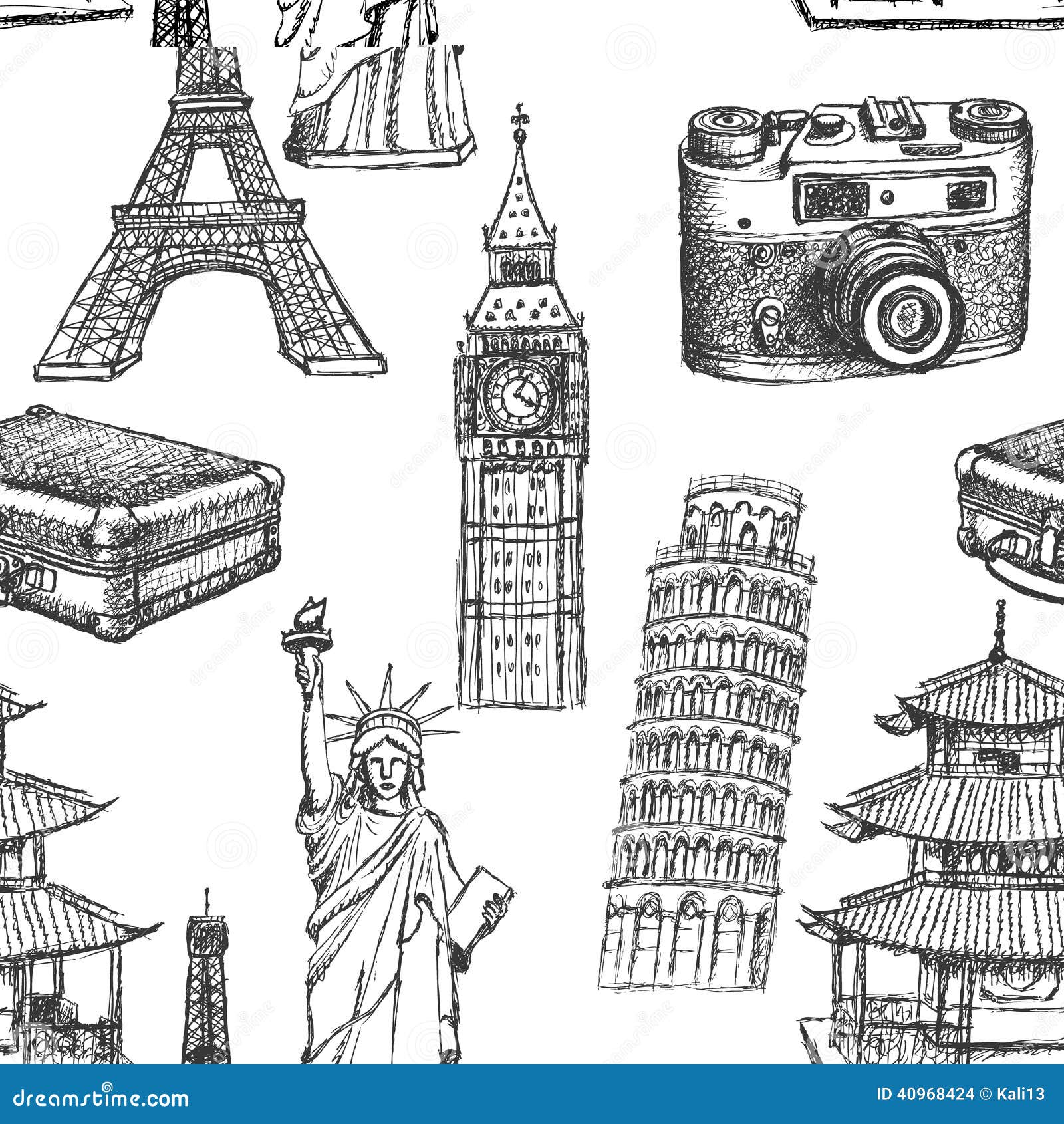 Sketch Eiffel Tower Pisa Tower Big Ben Suitecase Photocamera