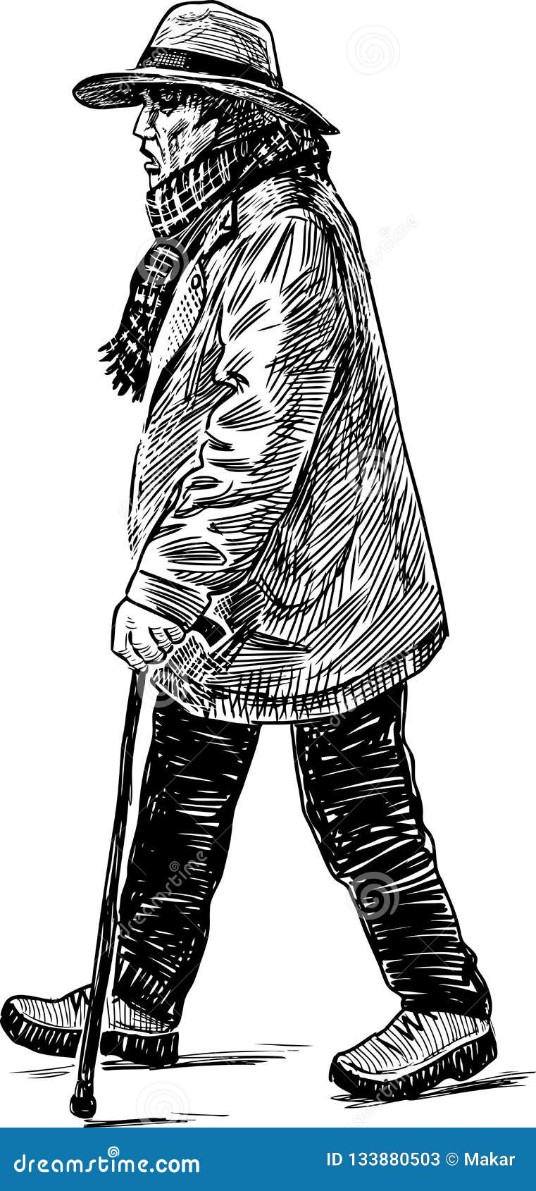 Sketch of an Elderly Man with a Cane Going on a Stroll Stock Vector