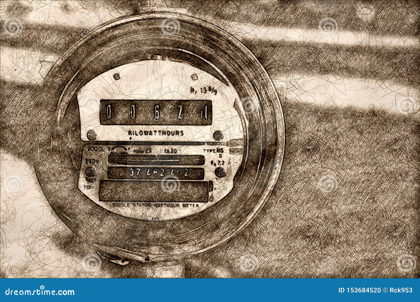 Sketch of Electric Meter Displaying Current Power Consumption Stock