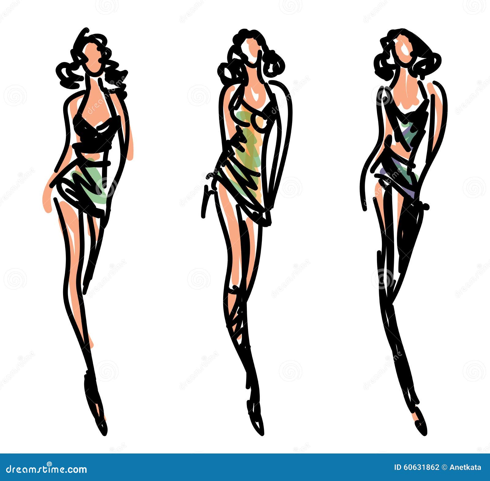 Vector Fashion Line Sketch. Set Of Vector Icons. Models Posing At Fashion  Magazine Photoshooting In Long Dress With High Cut, Short Cocktail Dress.  Skinny Body Silhouette, High Heels, Black Round Hat Royalty