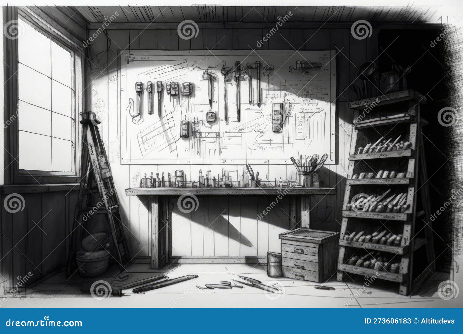 Sketch of a Garage with Tools Hung on the Walls, Including Hammers and