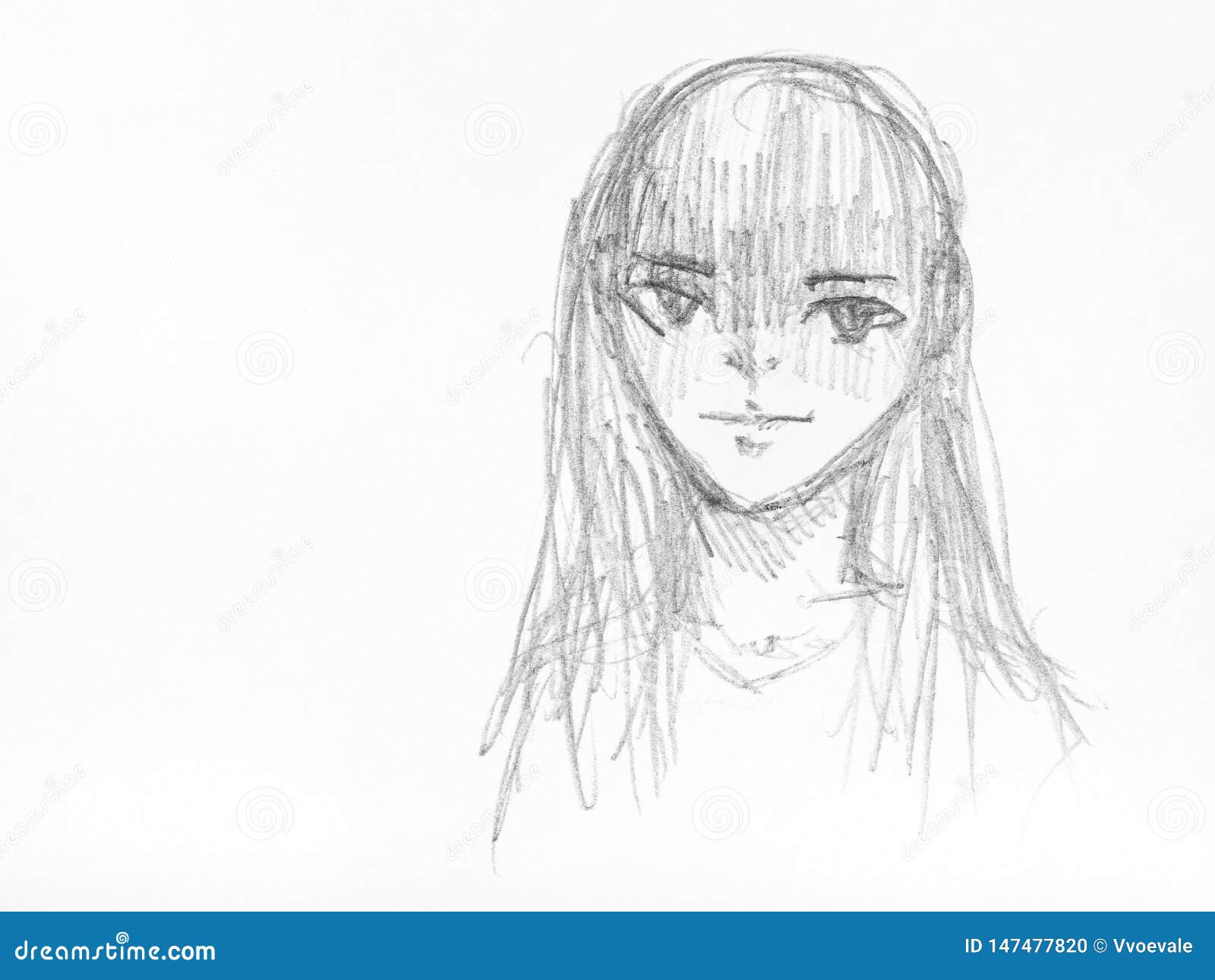 Sketch Of Girl With Long Straight Hair By Pencil Stock
