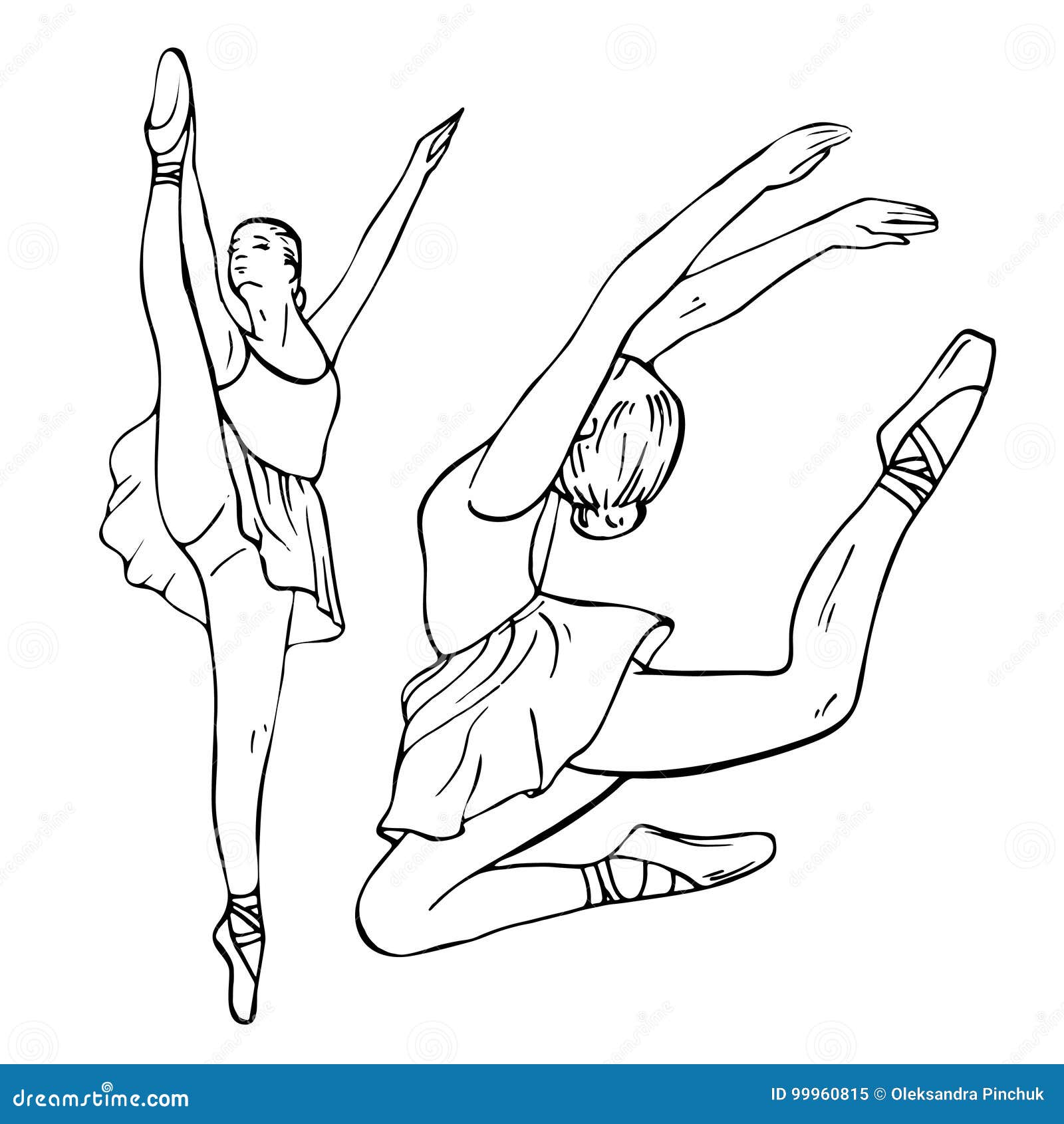 Sketch Of Girl`s Ballerinas Standing In A Pose And Jumping