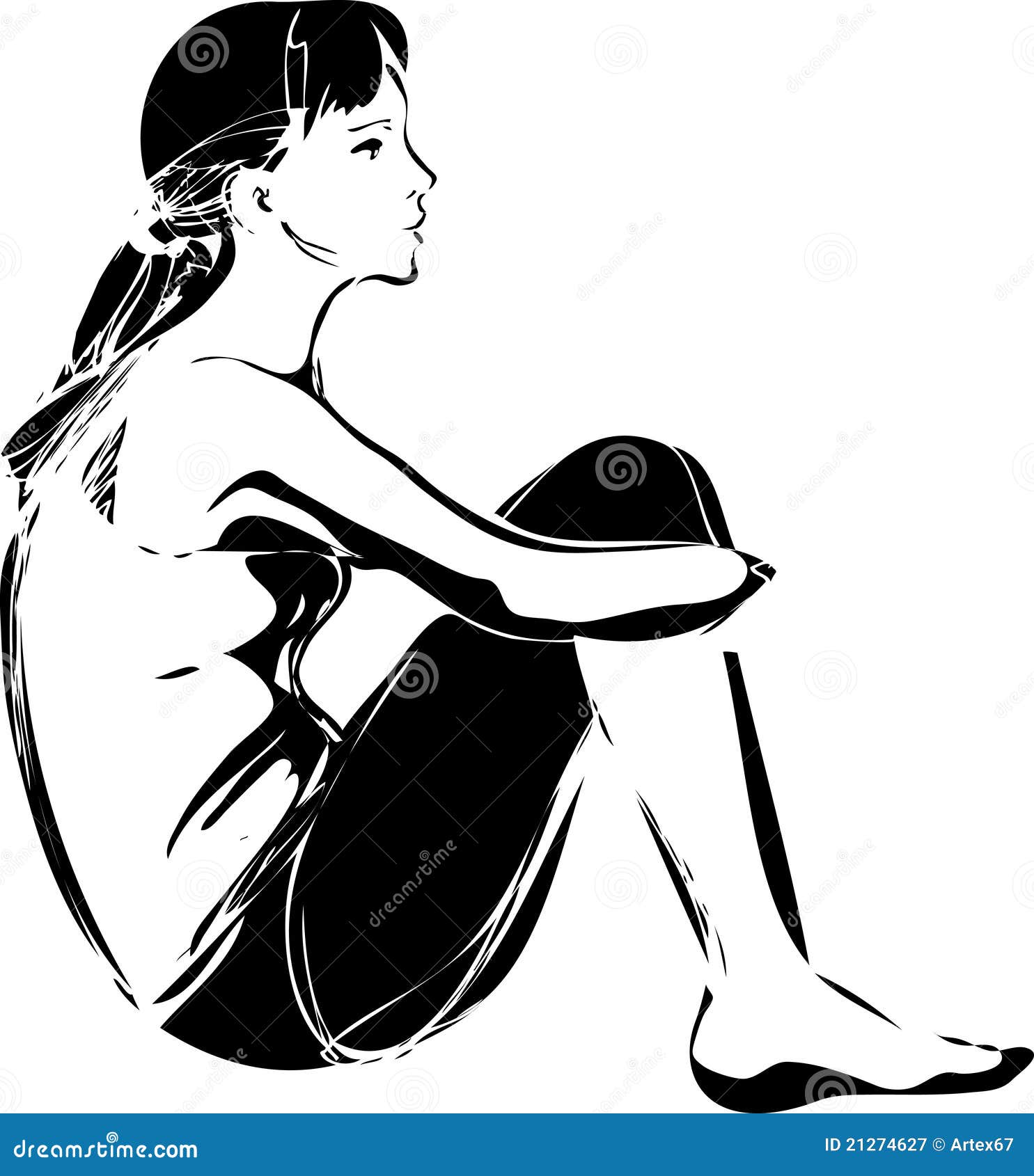 Sketch Of A Girl Sitting Hugging Her Knees Royalty Free Stock