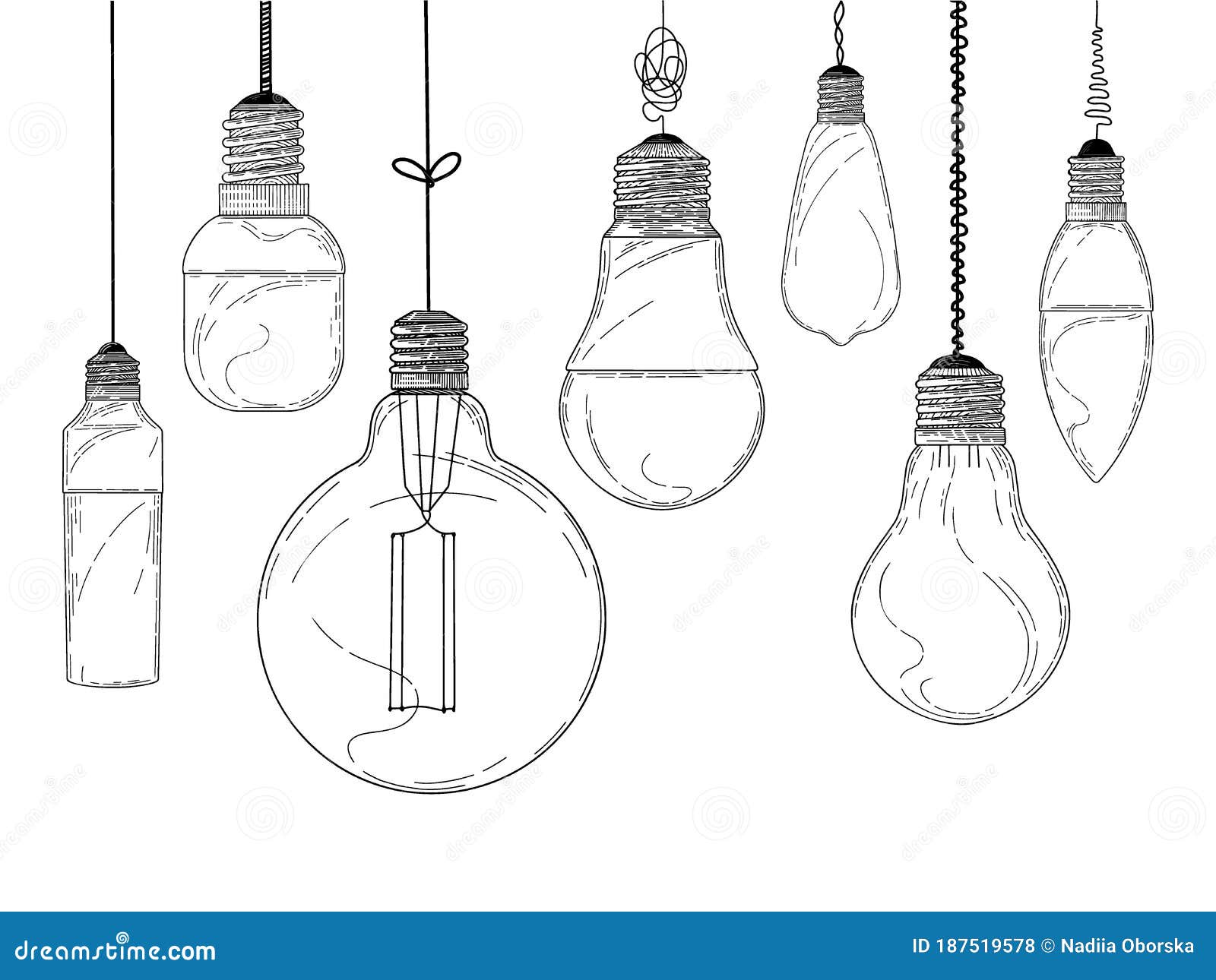 Sketch of Hanging Light Bulbs Isolated on a White Background. Seamless Pattern Stock