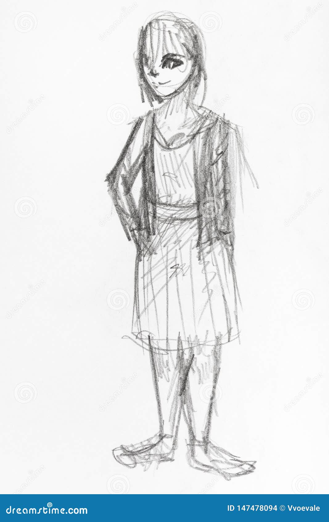 Sketch of Happy Teenager in Ragged Clothes Stock Illustration