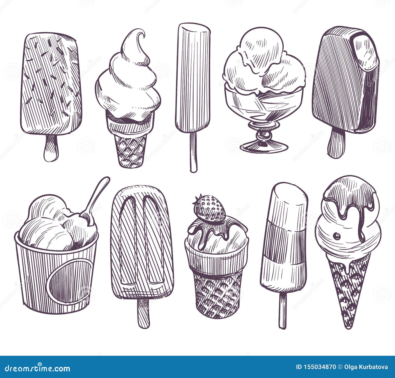 sketch ice cream. different bowls with ice cream, eskimo with chocolate glaze. wafer cone sundae whipped fruit cream
