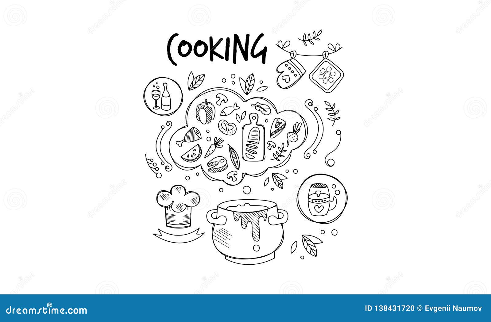 sketch of ingredients and tools for food preparation. dinner cooking. culinary theme. hand drawn  icons