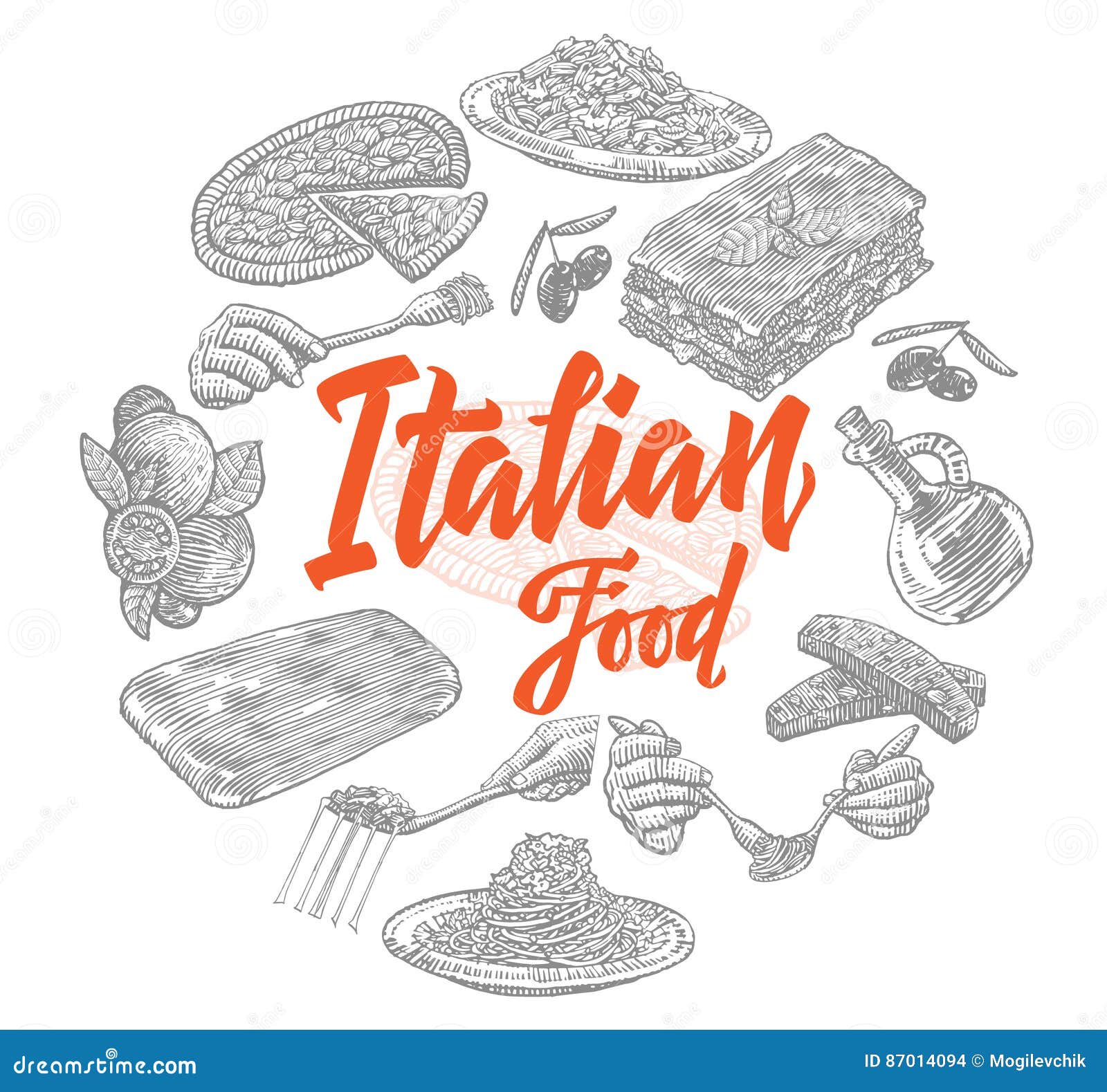 Sketch Italian Food Elements Collection Stock Vector - Illustration of ...