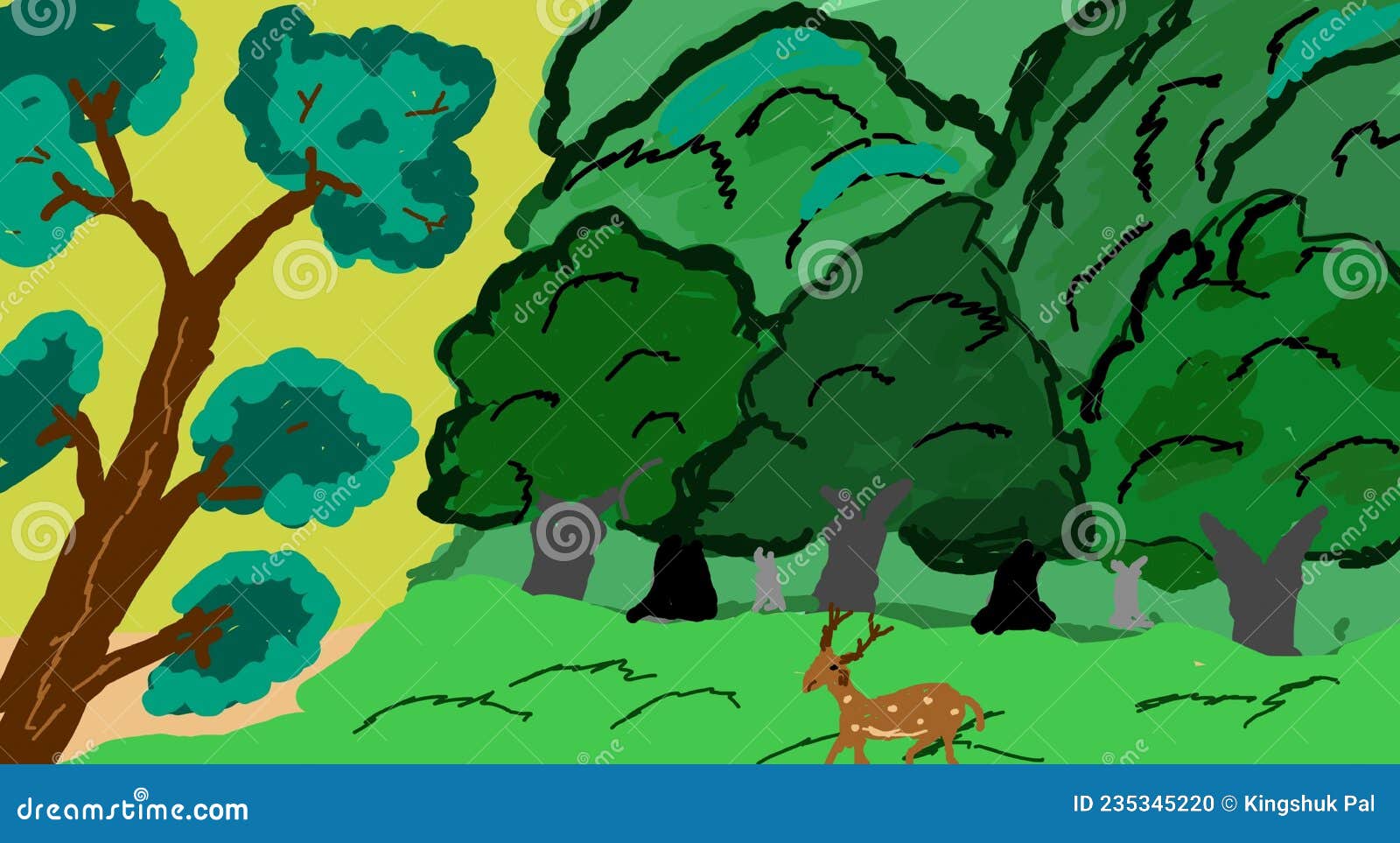 sketch of jangle green nature, tree and deer in forest .