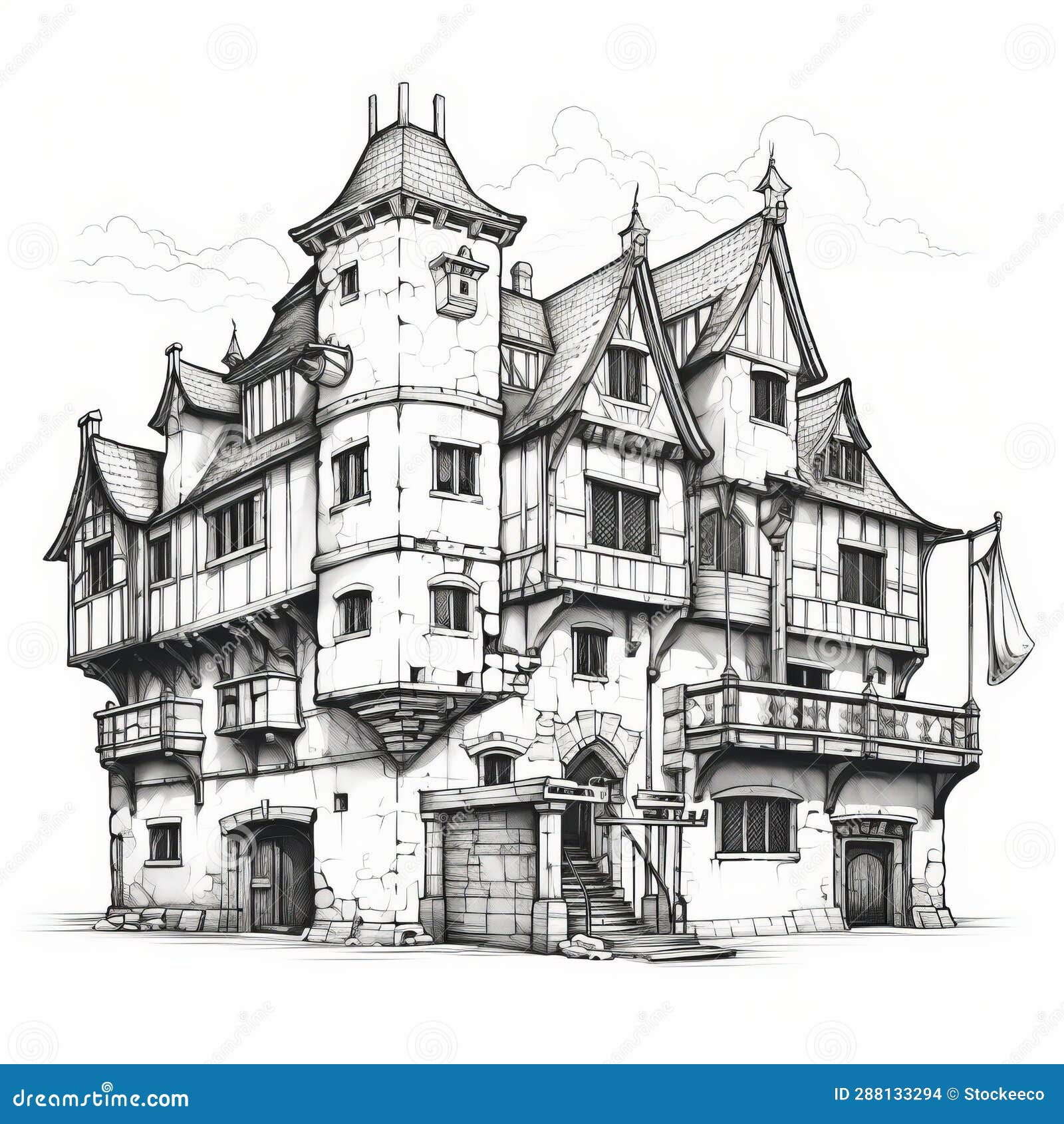 Medieval-inspired Renaissance Mansion Sketch with Comic Book Art Style ...