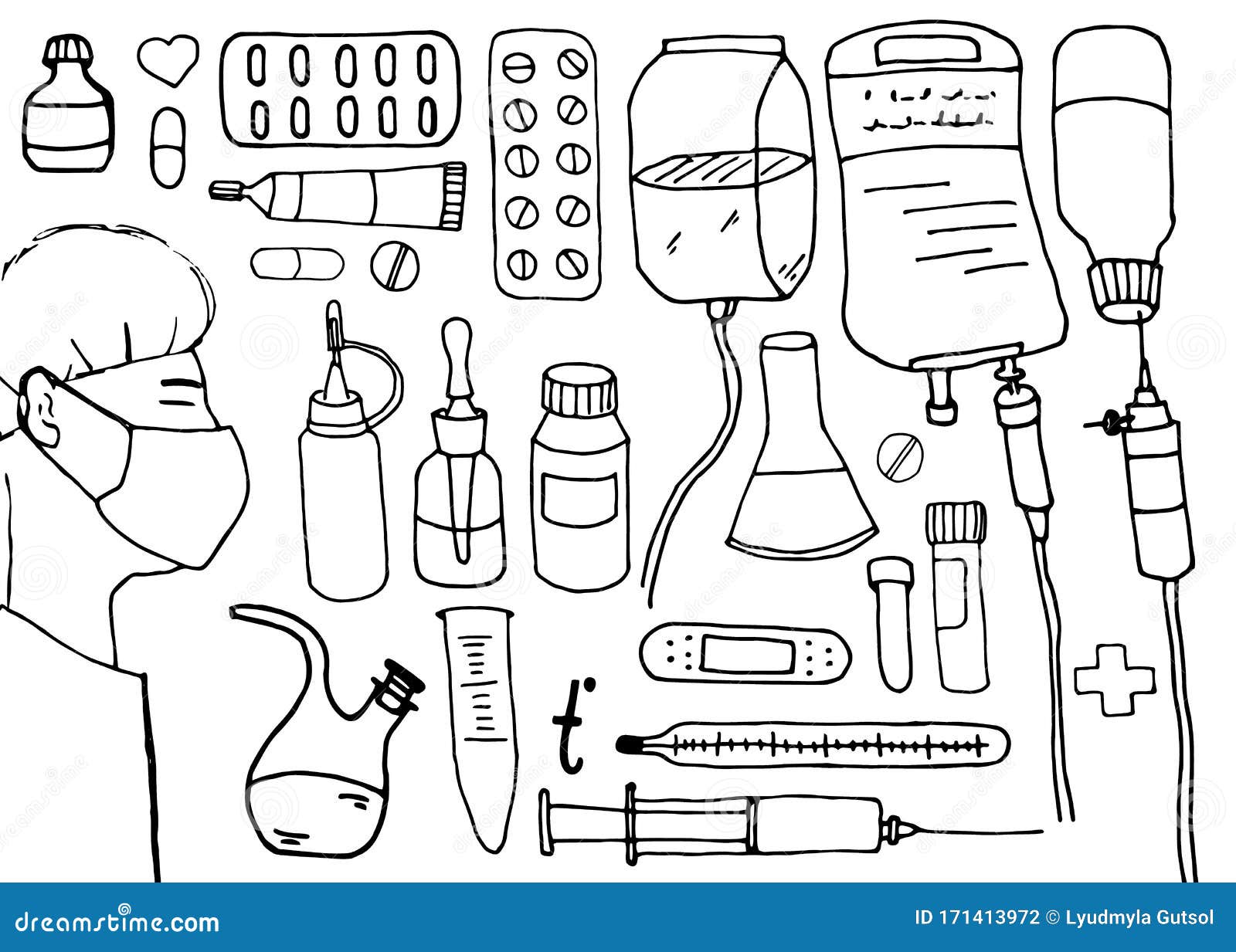 Sketch, Linear Drawing with Medicines. Set of Hospital Items