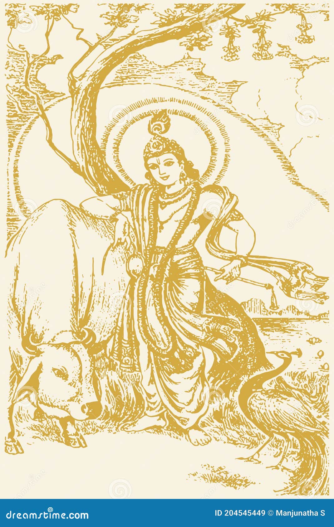 Sketch of Lord Krishna Standing with Cow and Peacock Outline ...