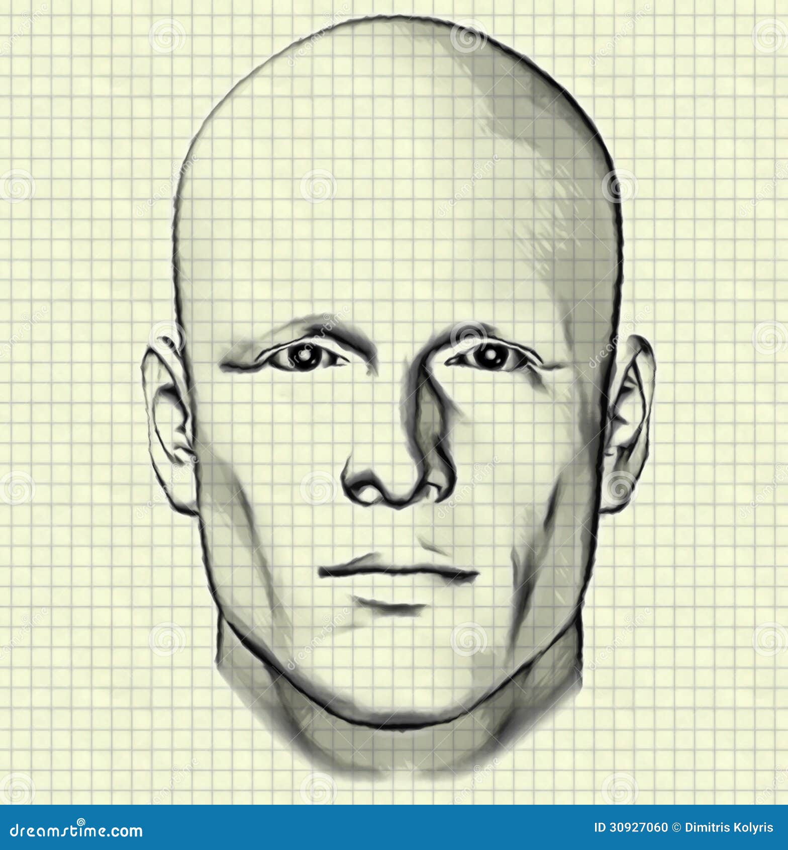 Sketch of male figure on graph paper. Sketch of male figure portrait drawing of man s head on graph paper background. Digitally created 3d illustration.