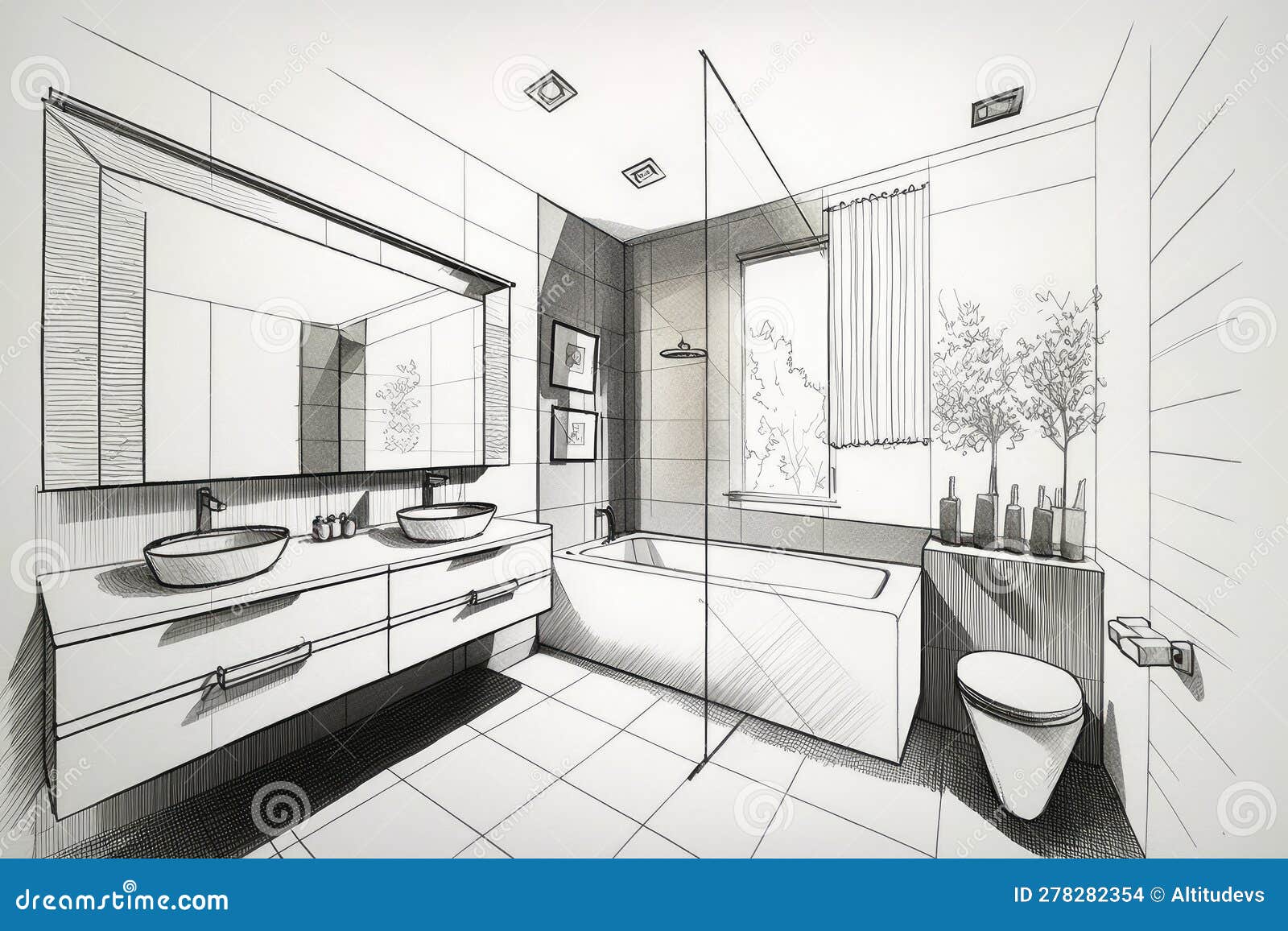 sketch of minimalist bathroom, with sleek and modern  s