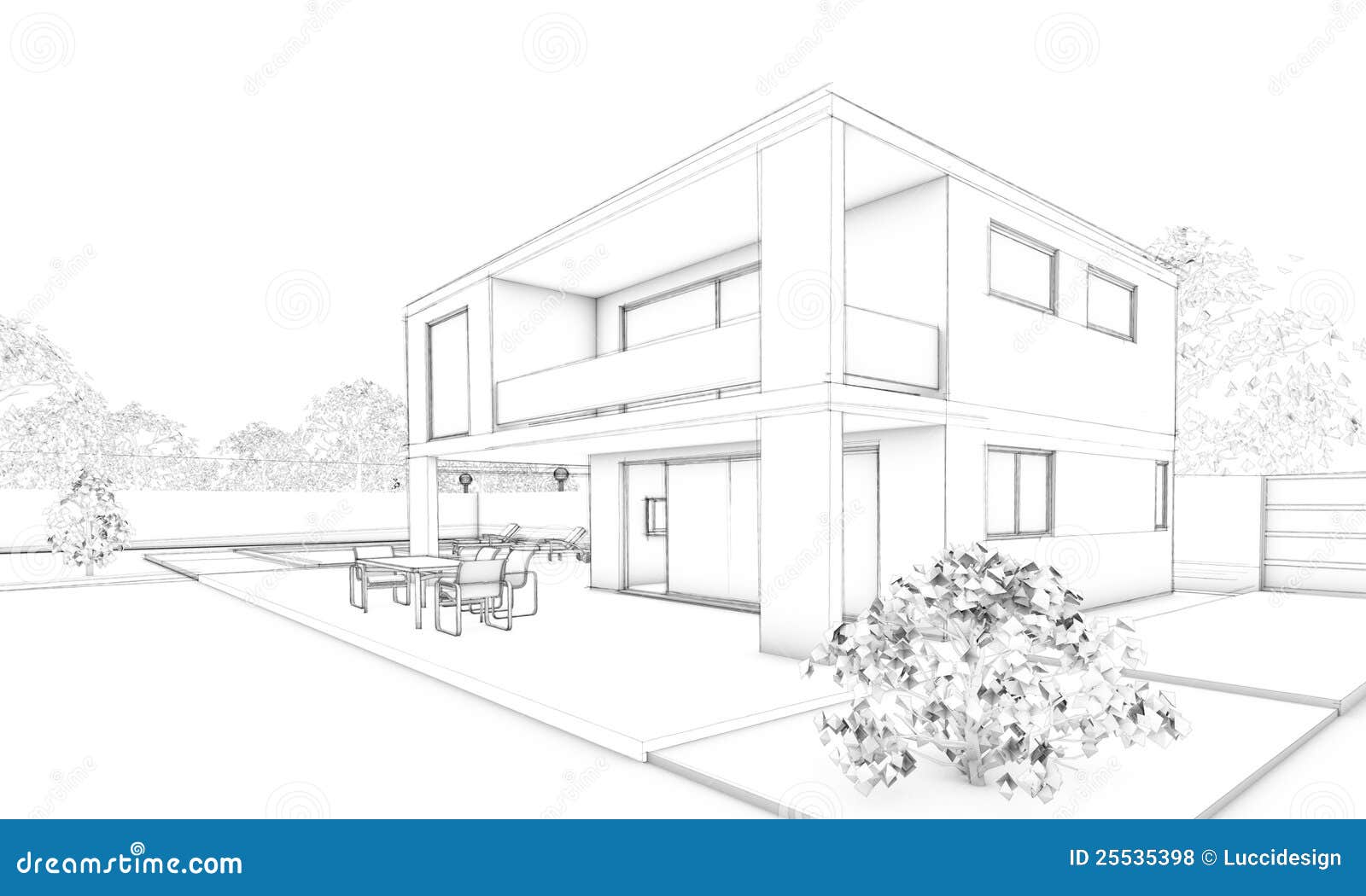 Sketch Of Modern House Villa Terrace And Garden Stock