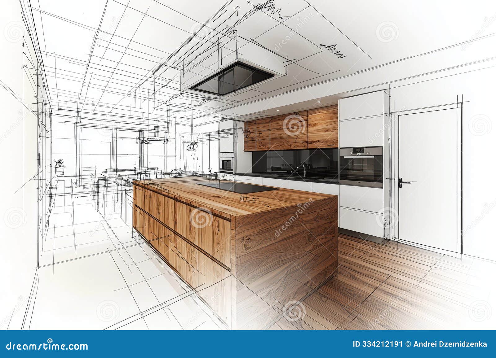 Sketch of Modern Luxury Kitchen in Color with Panoramic Window Interior  Design Concept Stock Image - Image of background, interior: 334212191, image size:1600x1156