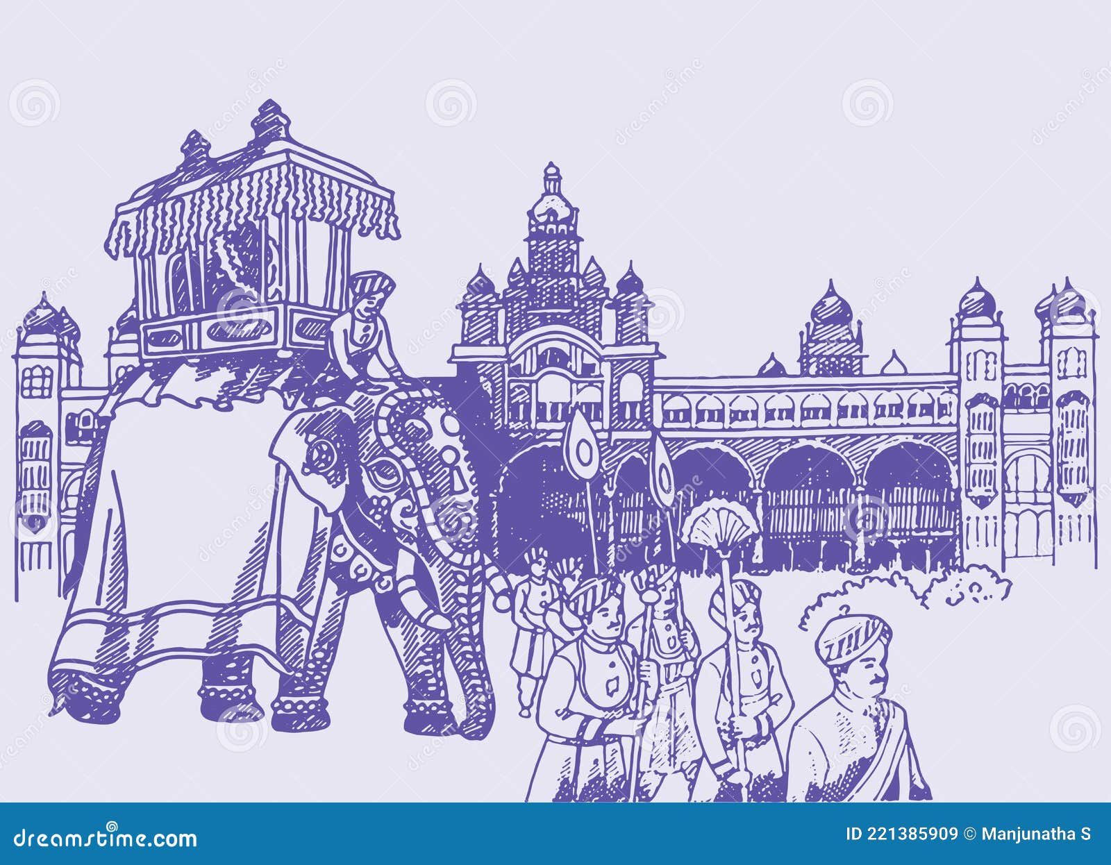 sketch of mysore dasara elephant jumbo savari in front of palace outline editable 