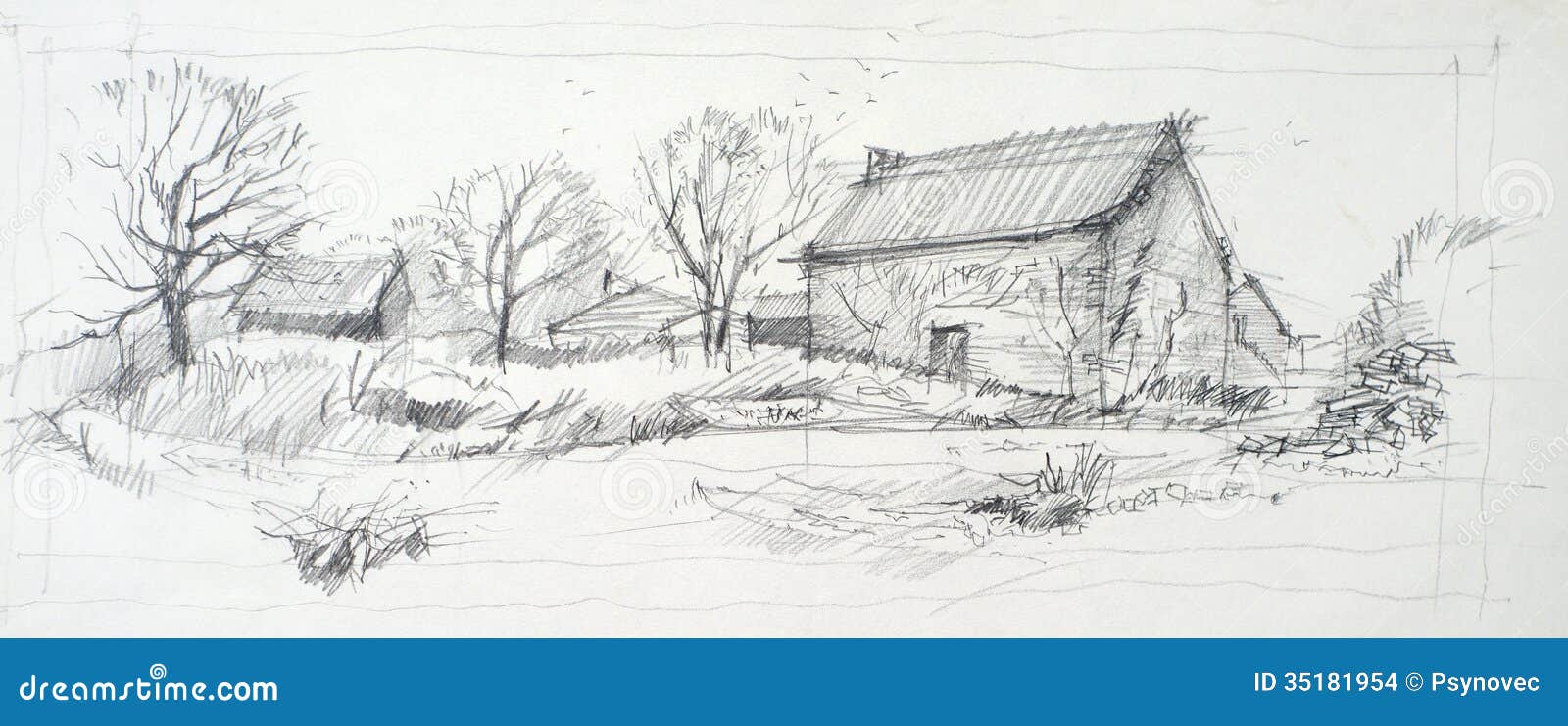 25 Collection Sketch drawing old houses barns field animals for Learning