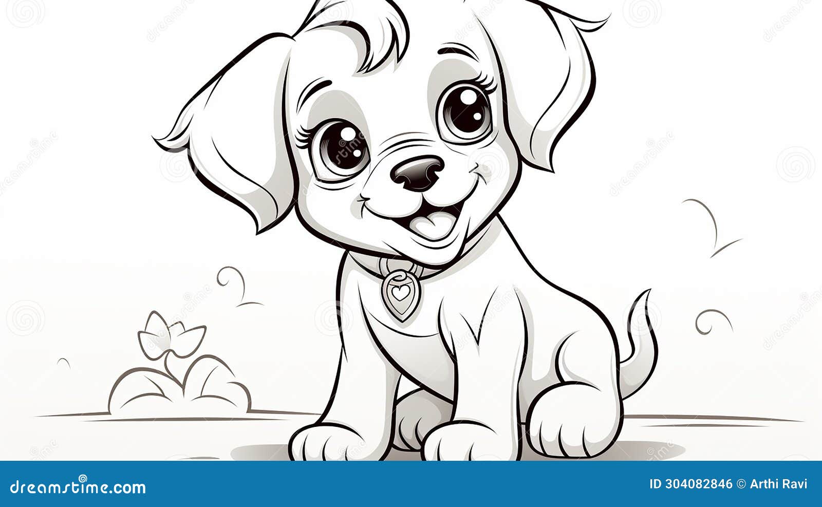 sketch the outline of a cute and playful puppy with floppy ears and a wagging tail, ready for coloring