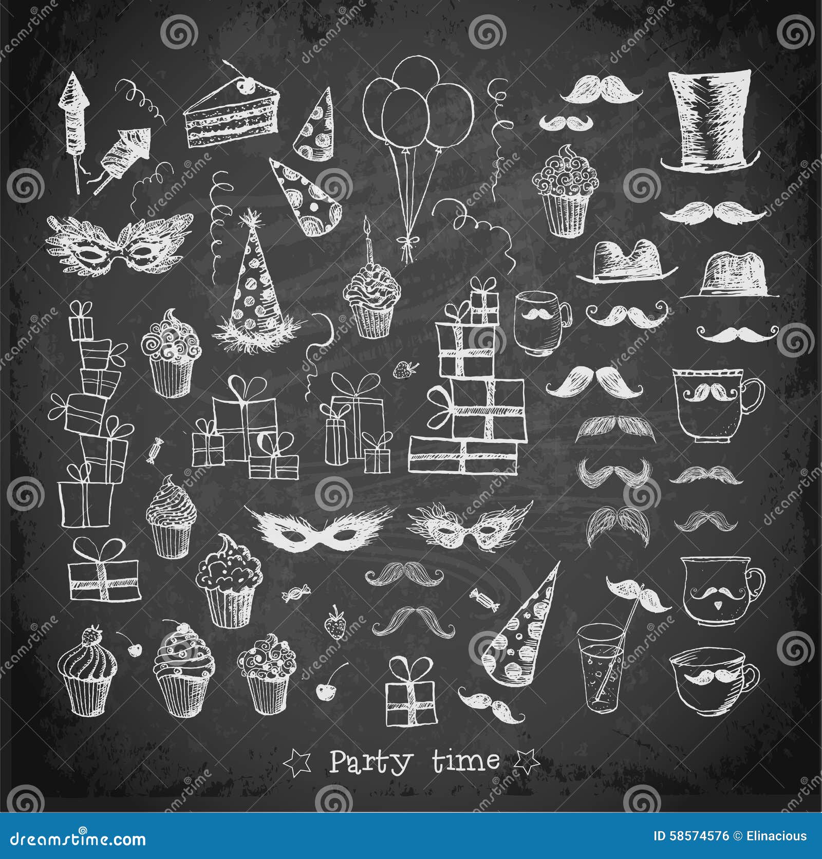 Set of sketch party objects hand-drawn on blackboard background. Vector illustration.