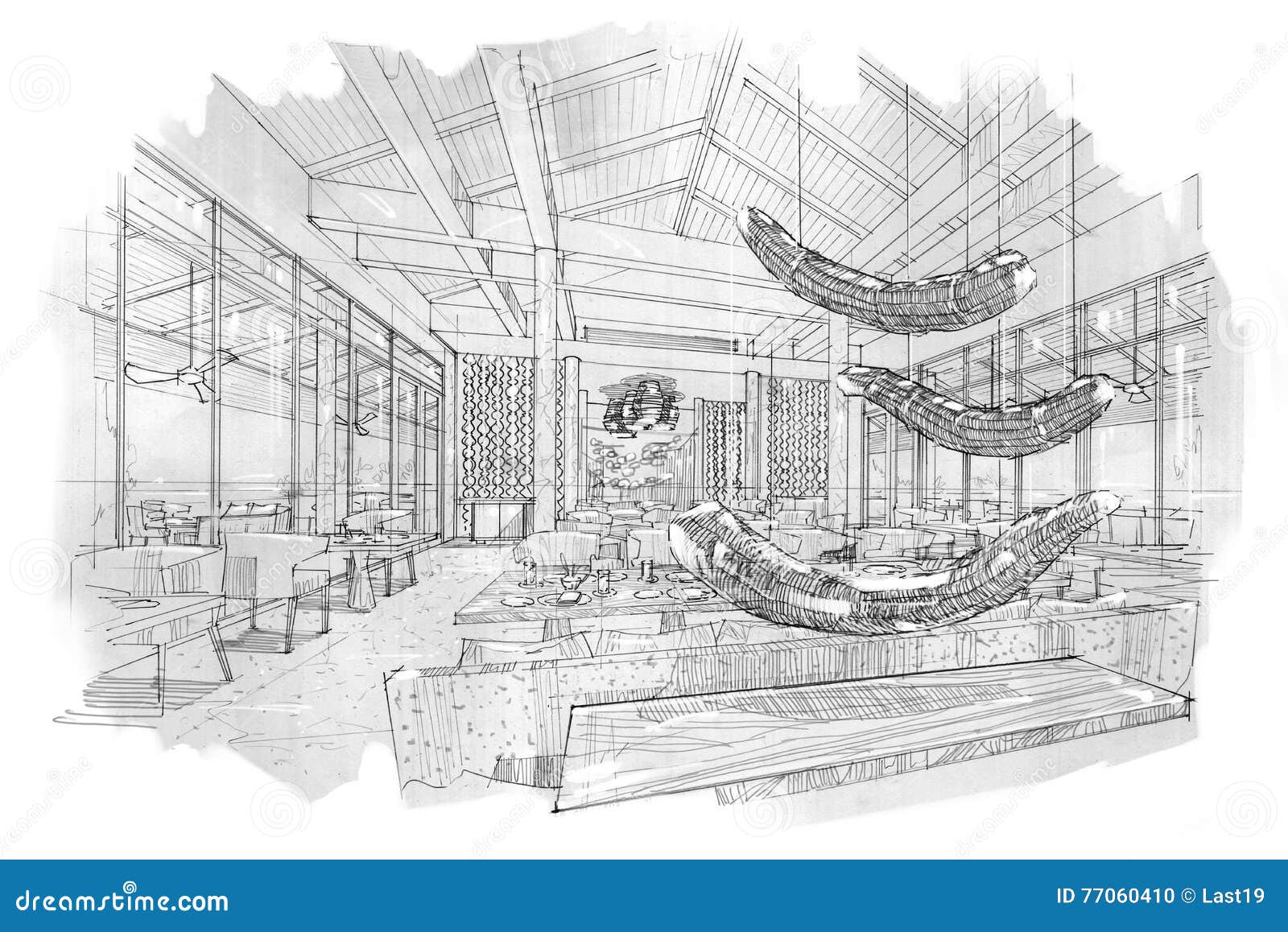 interior sketch of a large restaurant in eco style wood natural materials interior  design - Stock Image - Everypixel