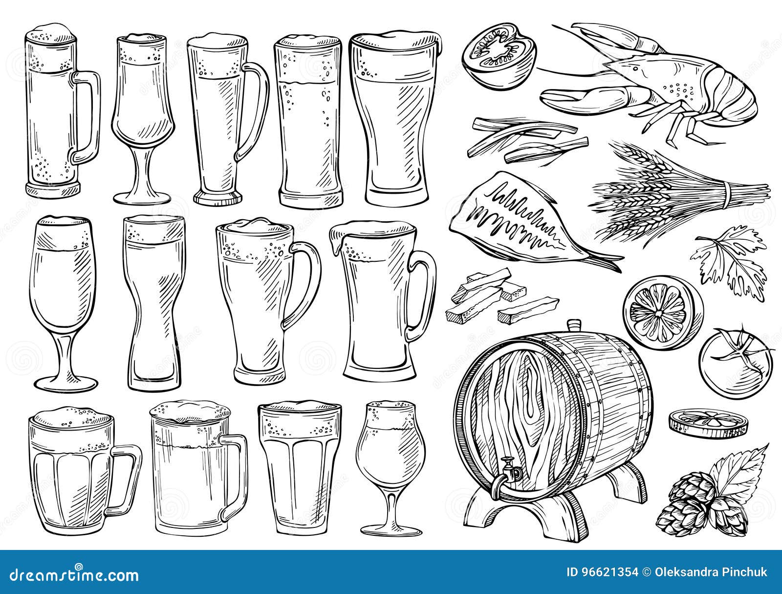 Sketch Set of Beer Glasses and Mugs in Ink Hand Drawn Style. Stock