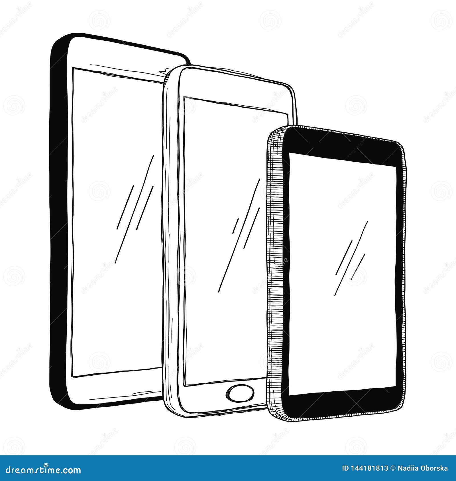 Sketch of Smartphones. the Set of Phones is Isolated on a White