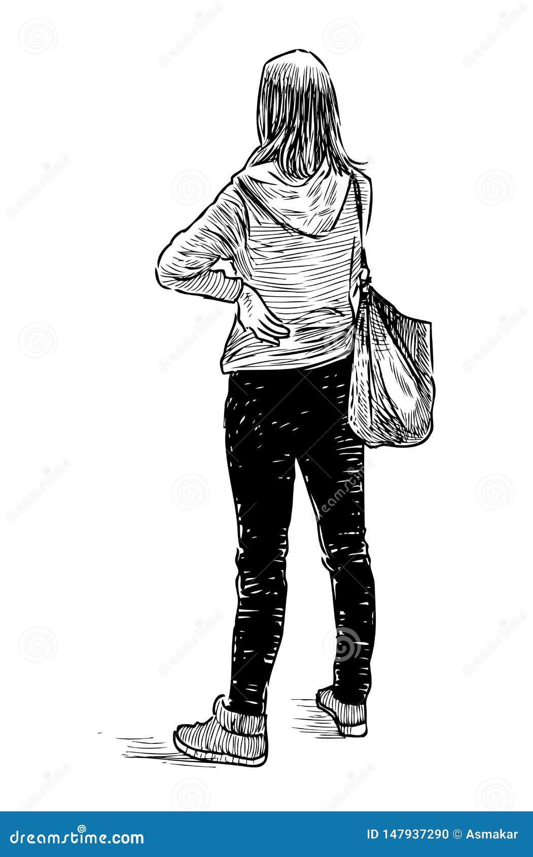 Sketch of a Student Girl Standing and Waiting Stock Vector