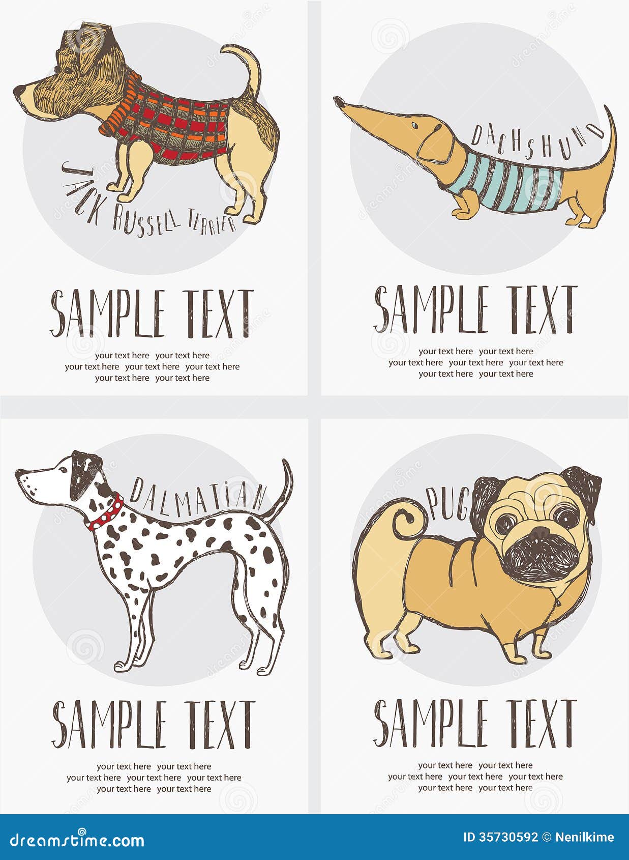 Sketchstyle Drawing of the Dogs Cards Set Stock Vector Illustration