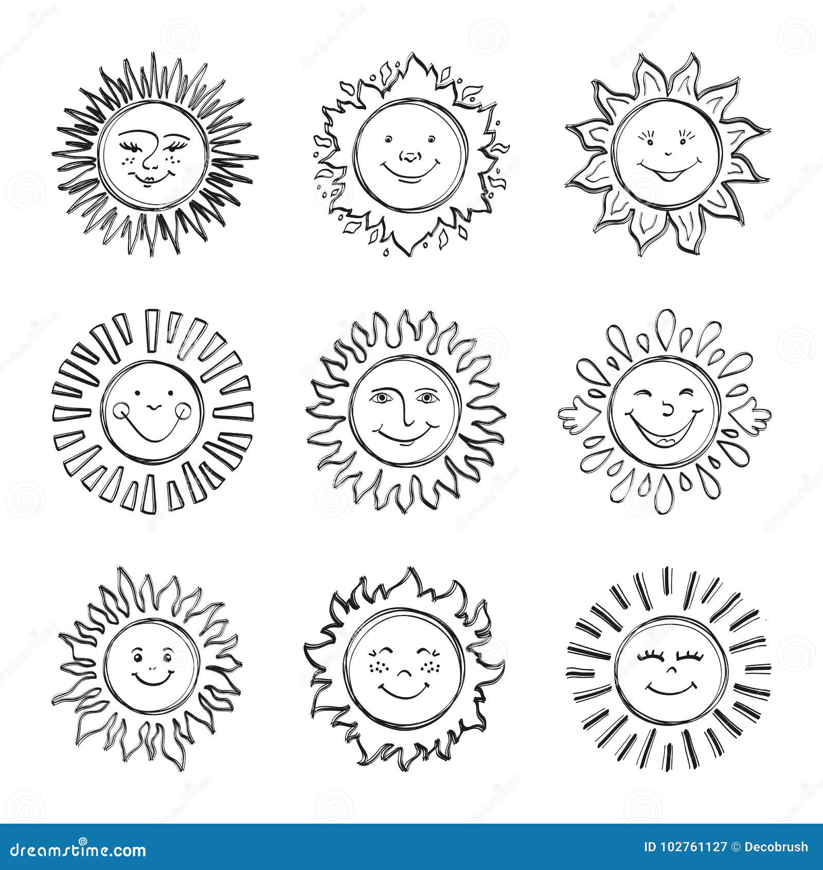 Sketch Sun Kids Drawing, Hand Drawn Sunshine Icons, Doodle Suns Stock ...