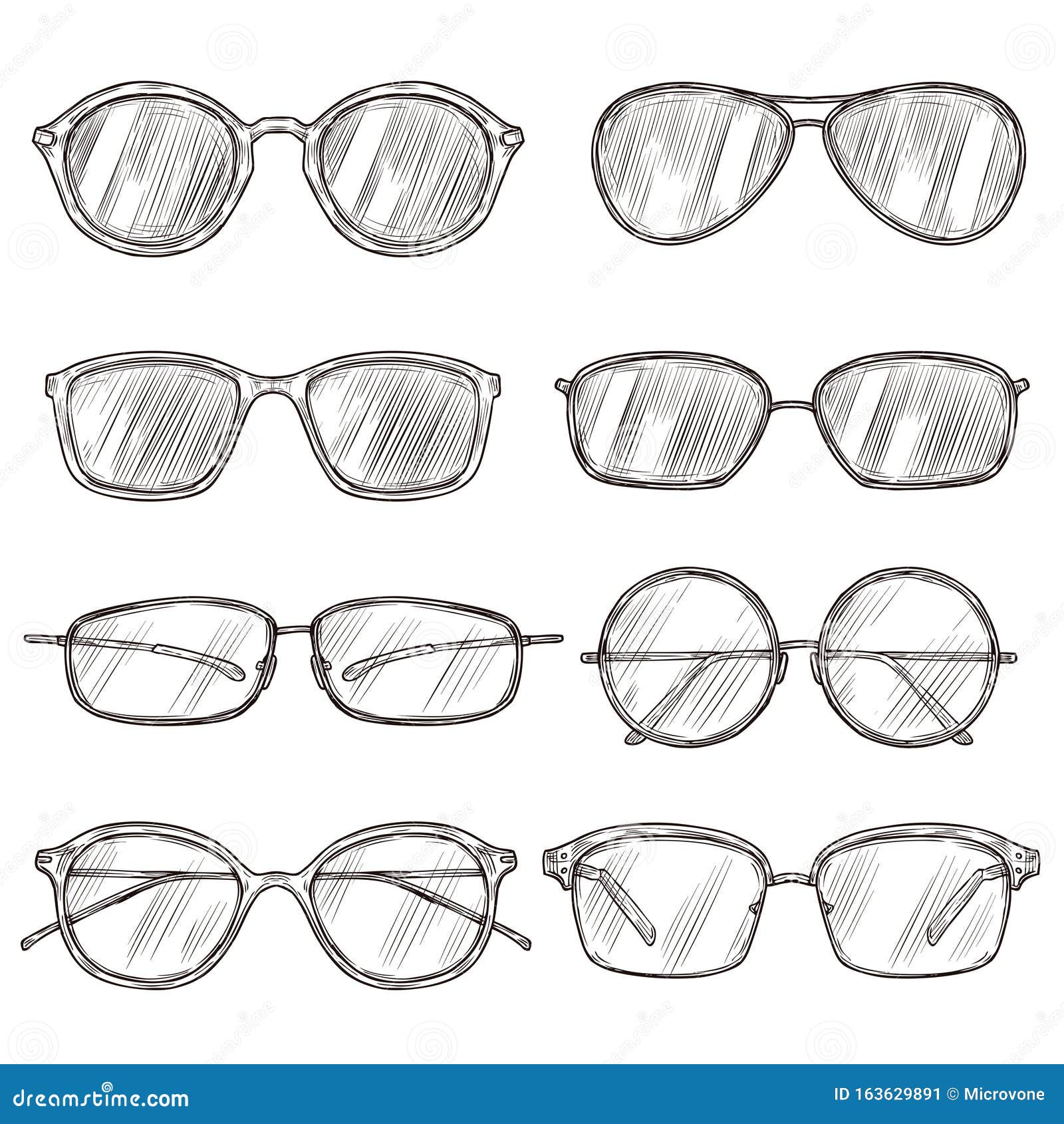 Sketch Sunglasses. Hand Drawn Eyeglass Frames, Doodle Eyewear. Male And