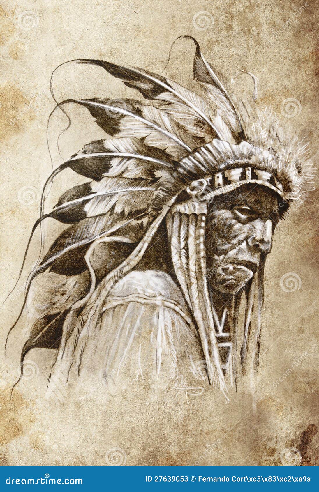 Sketch Of Tattoo Art, Native American Indian Stock 