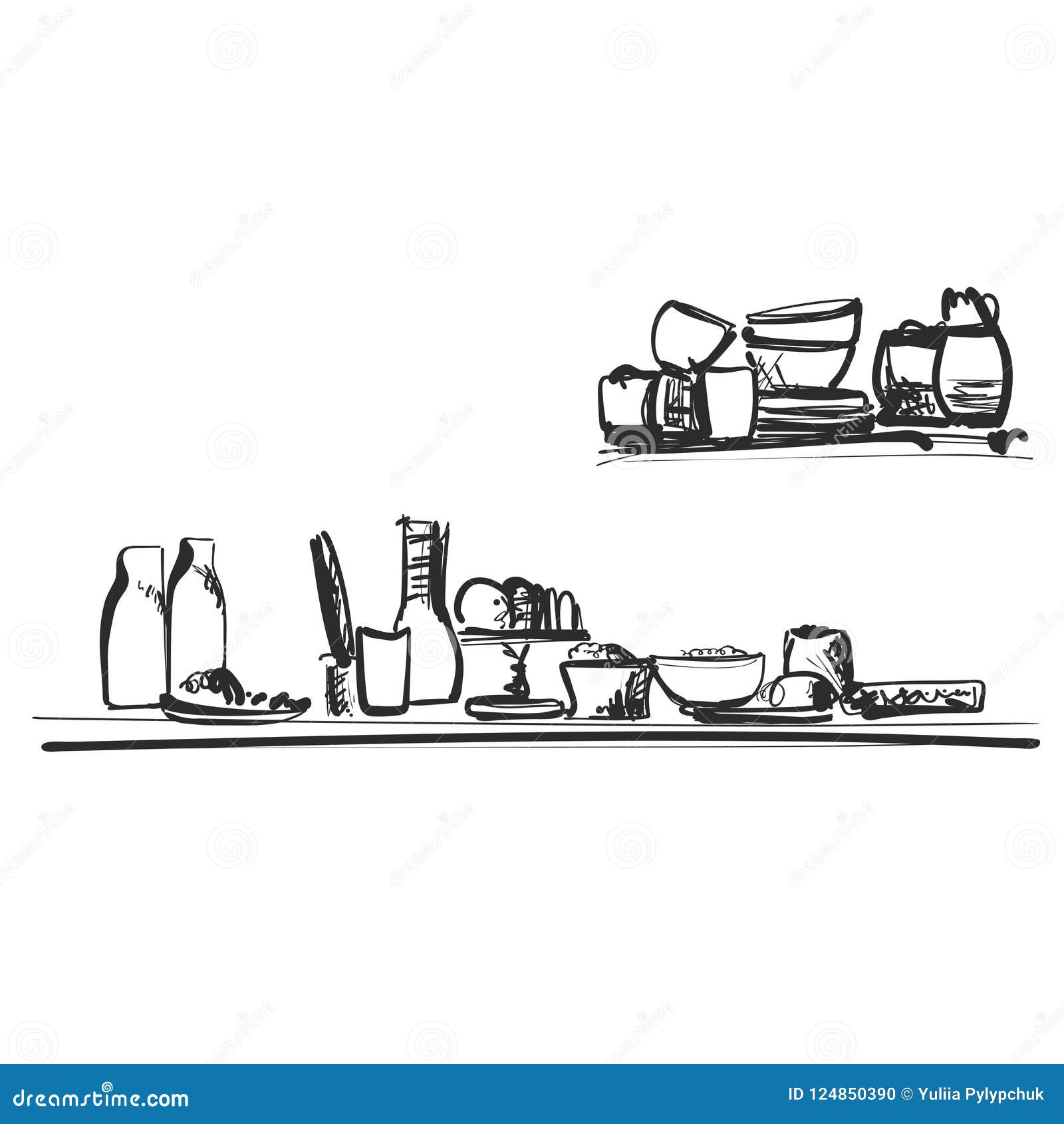 Sketch on the Theme of Kitchen Utensils. Done in Black and White Style,  Drawn by Hand, Isolated on White Background Stock Vector - Illustration of  advertising, white: 124850390, image size:1600x1690