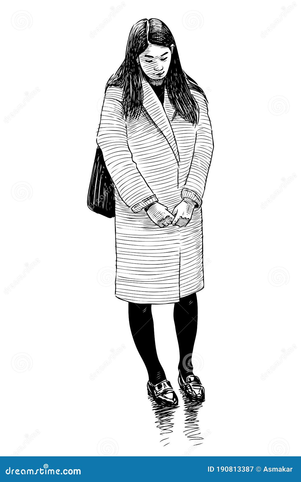 Sketch of Tired Sad Girl Standing on the Street in Thinking Stock