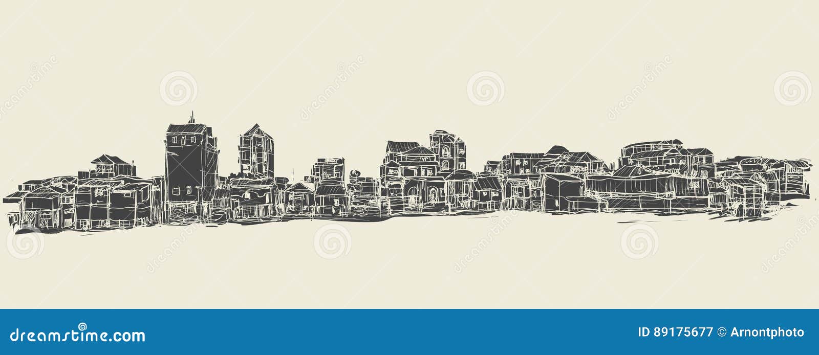sketch of townscape in phnom penh slum, free hand draw