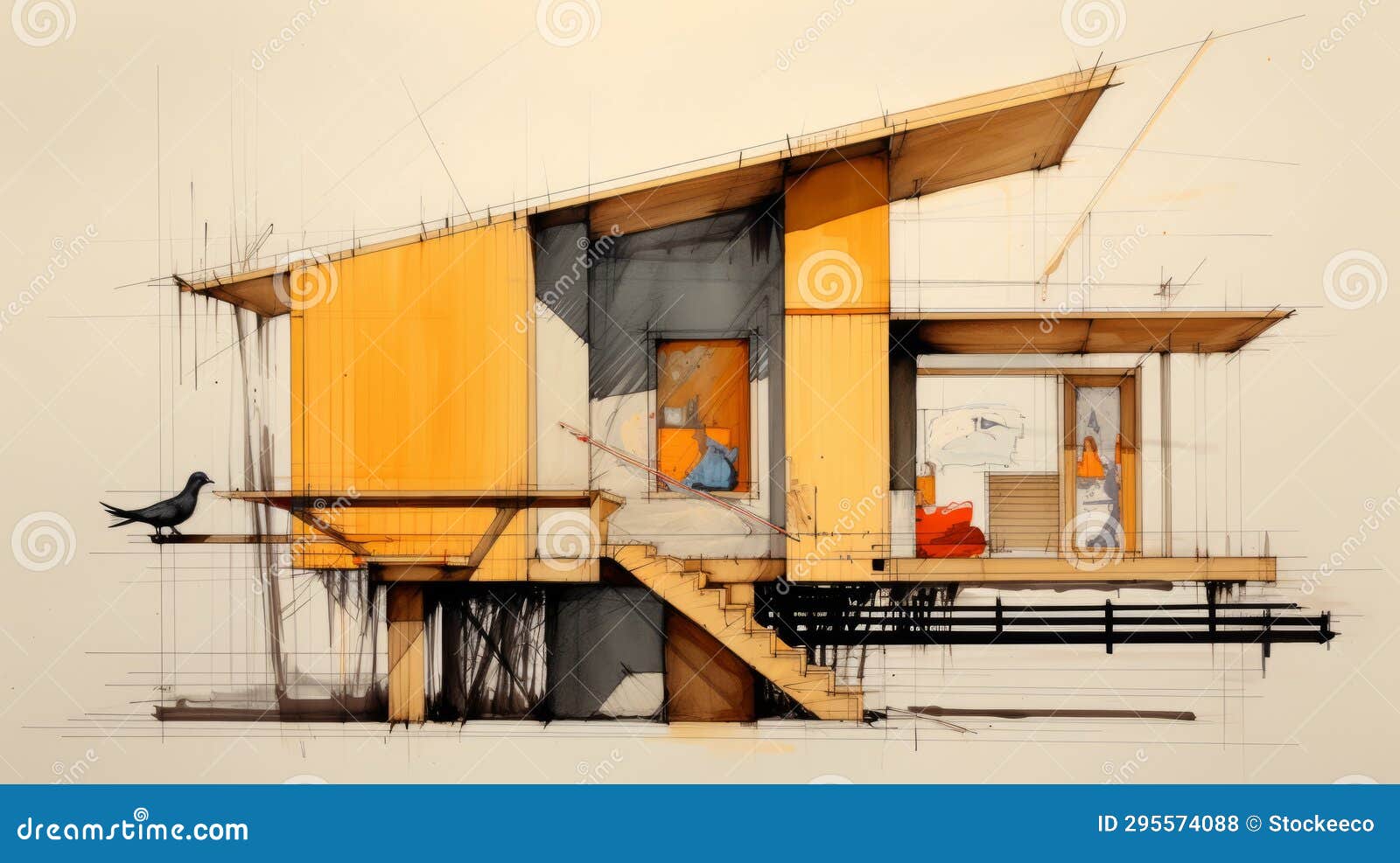 sketch of tropical modern house with yellow roof