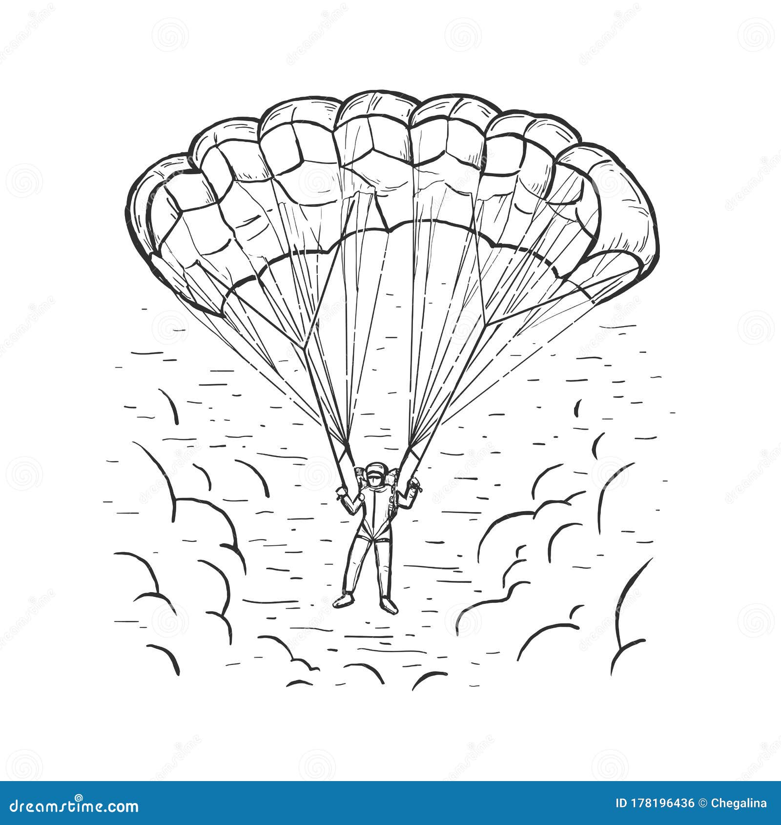 Sketch Vector Color Illustration With Hand Drawn Skydiver Flying With A