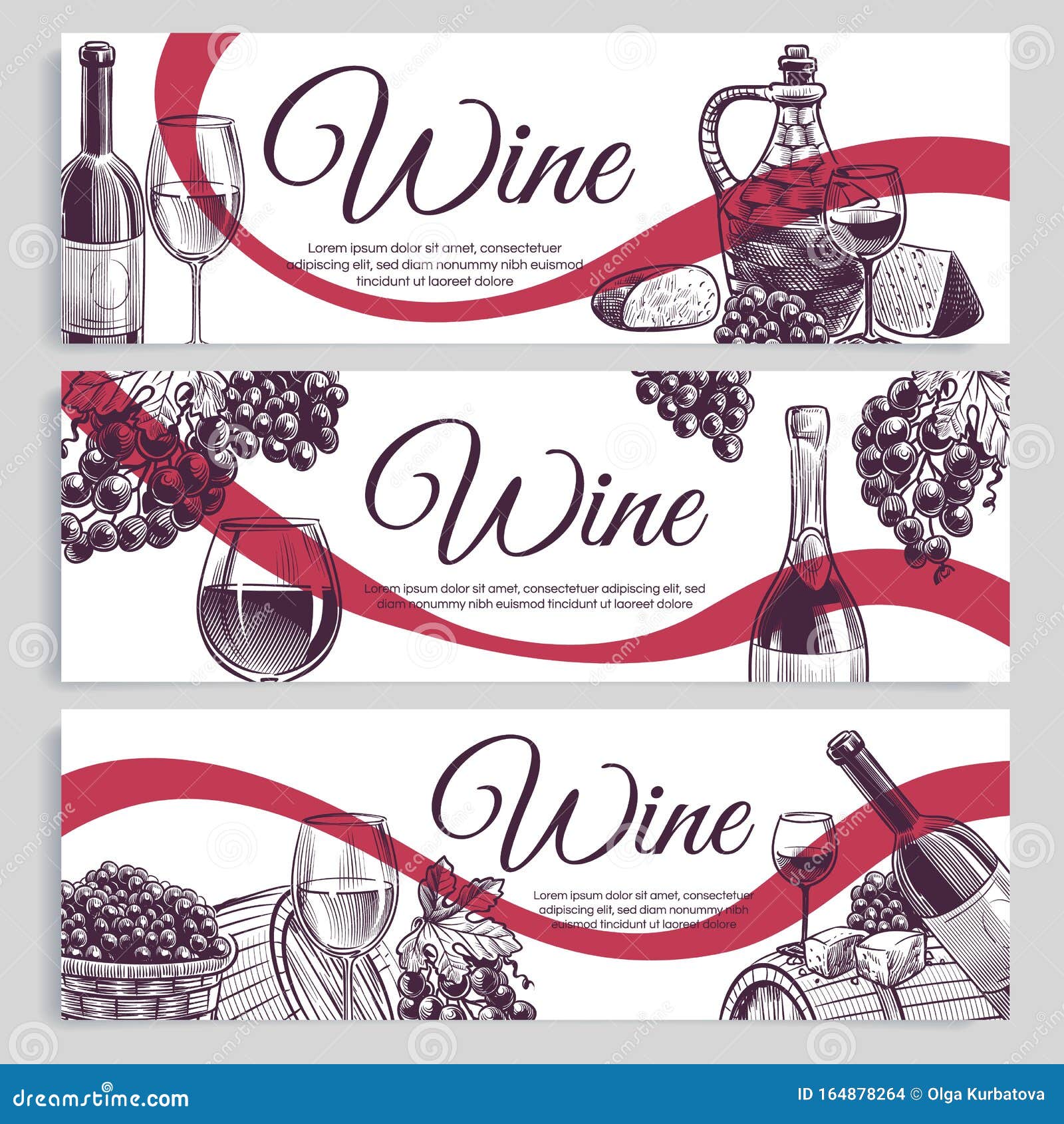 sketch wine banners. classic alcoholic drink bottles and wineglasses, grapes. promotion winery and vineyard hand drawn