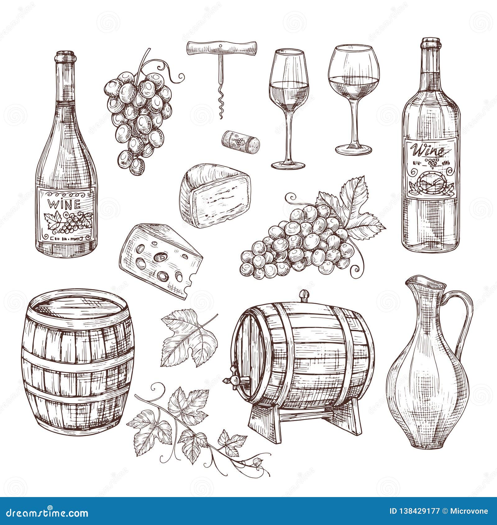 sketch wine set. grape, wine bottles and wineglass, barrel. hand drawn vintage alcoholic beverages  set